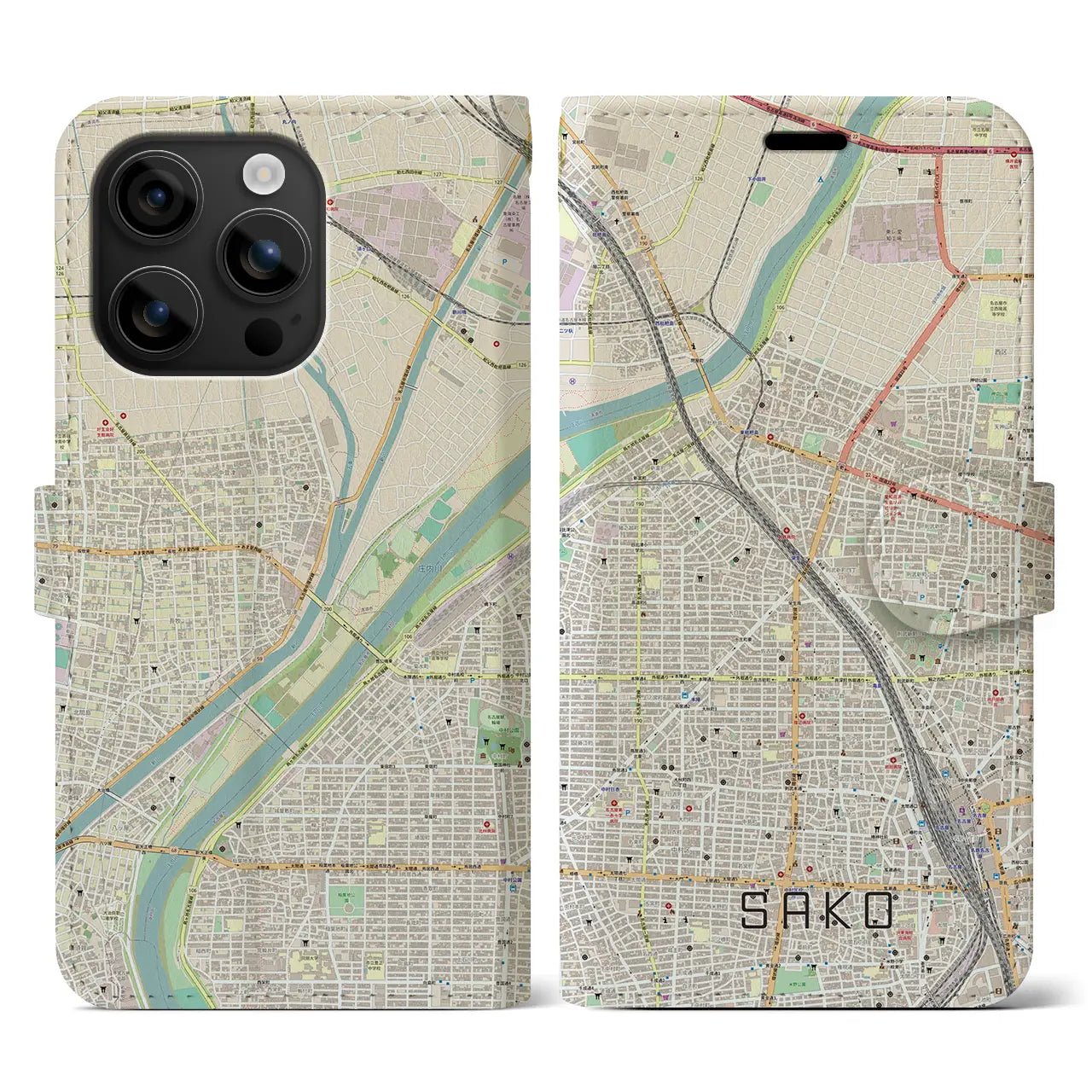 【栄生(愛知県)】地図柄iPhoneケース(手帳タイプ)ナチュラル・iPhone 16 用