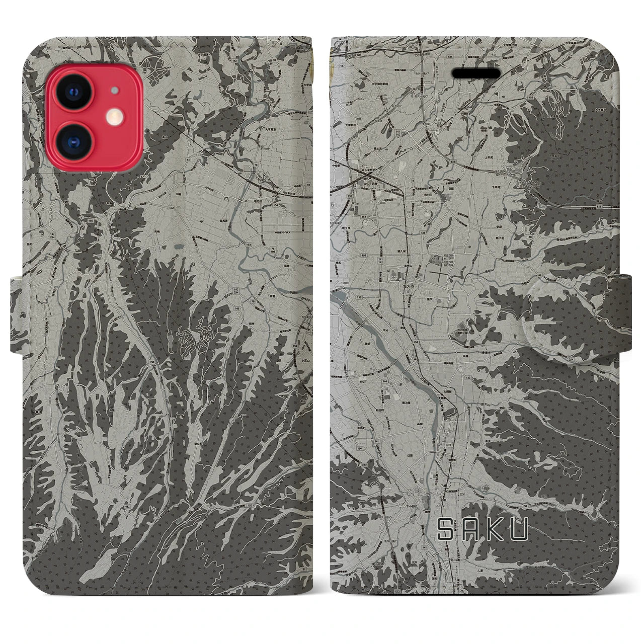 【佐久(長野県)】地図柄iPhoneケース(手帳タイプ)モノトーン・iPhone 11 用