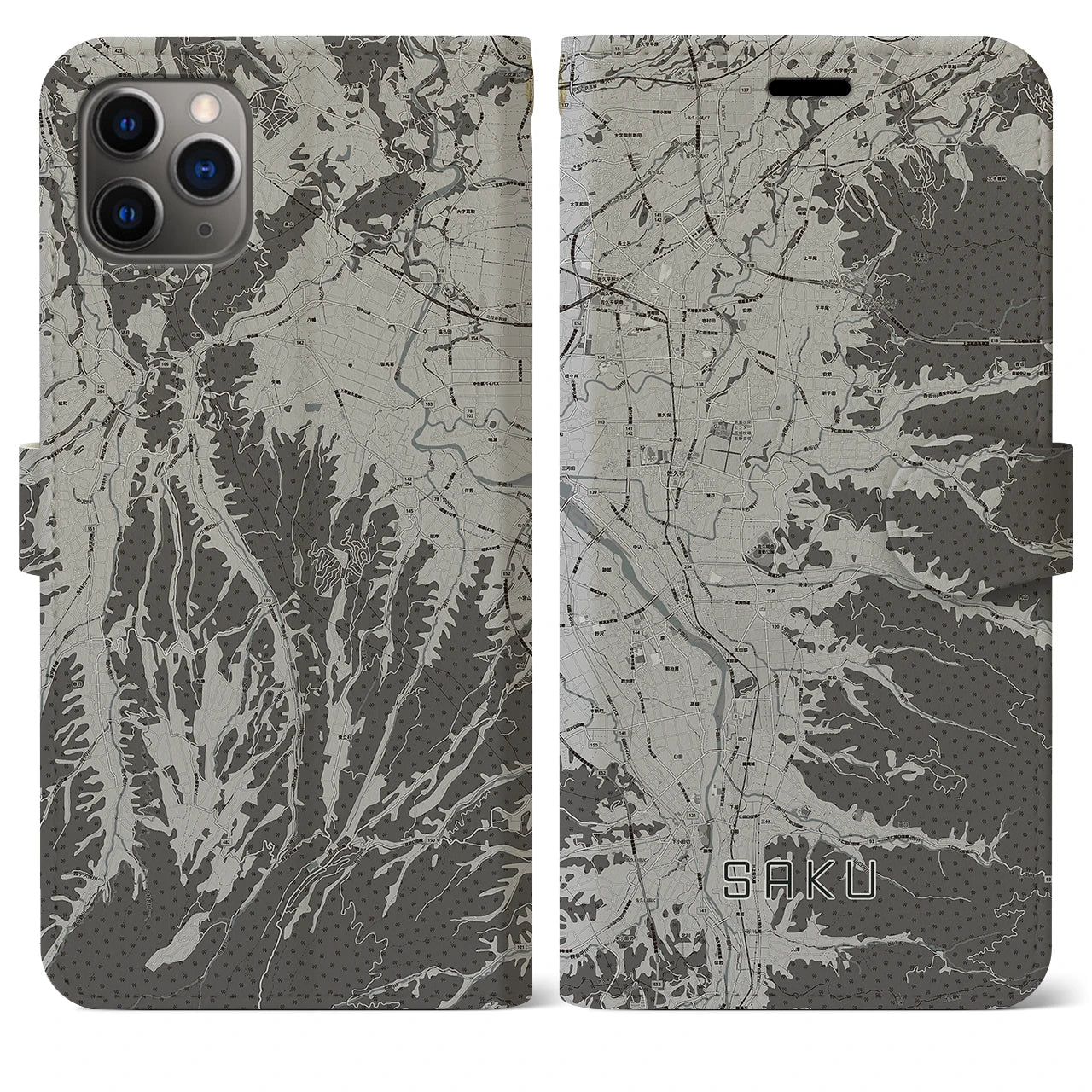 【佐久(長野県)】地図柄iPhoneケース(手帳タイプ)モノトーン・iPhone 11 Pro Max 用