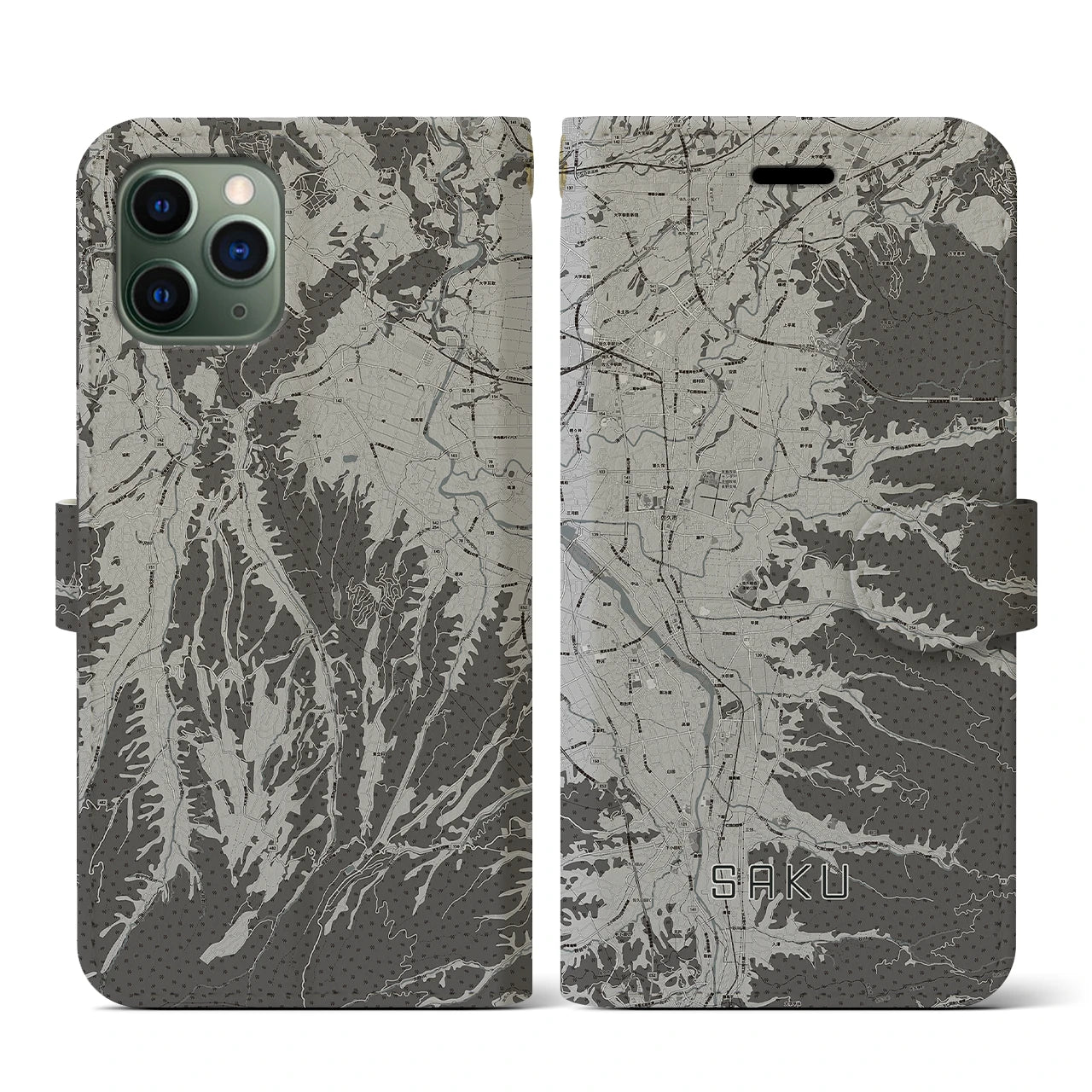 【佐久(長野県)】地図柄iPhoneケース(手帳タイプ)モノトーン・iPhone 11 Pro 用