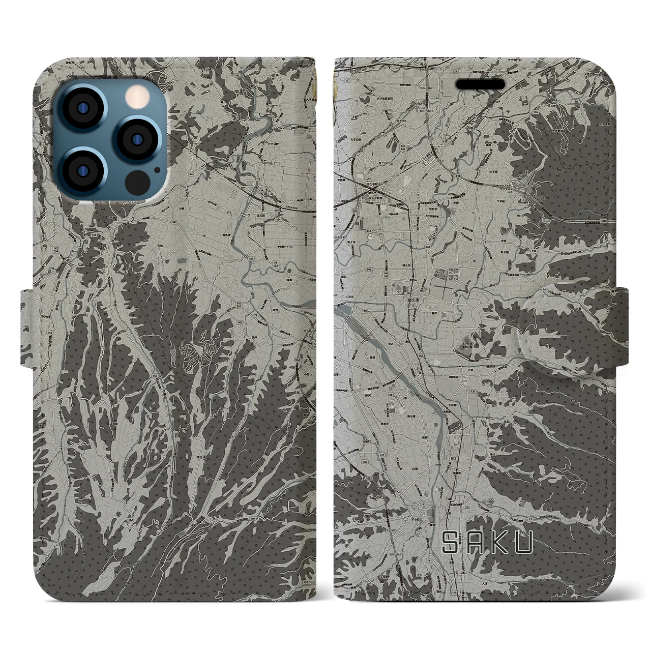 【佐久(長野県)】地図柄iPhoneケース(手帳タイプ)モノトーン・iPhone 12 / 12 Pro 用