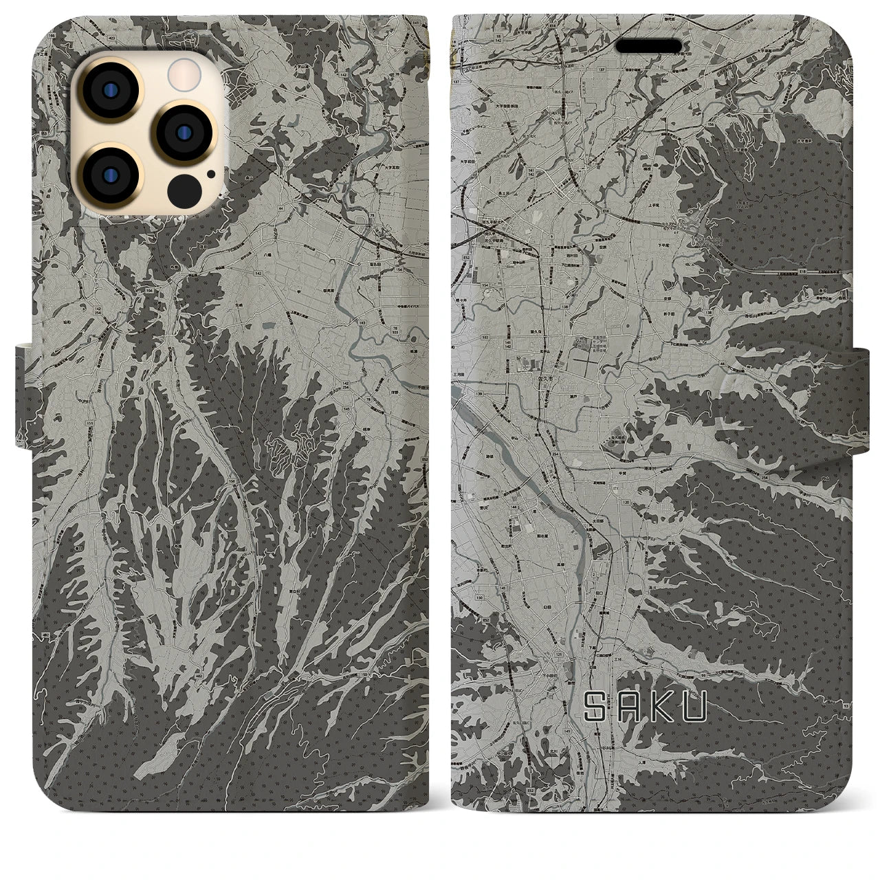 【佐久(長野県)】地図柄iPhoneケース(手帳タイプ)モノトーン・iPhone 12 Pro Max 用