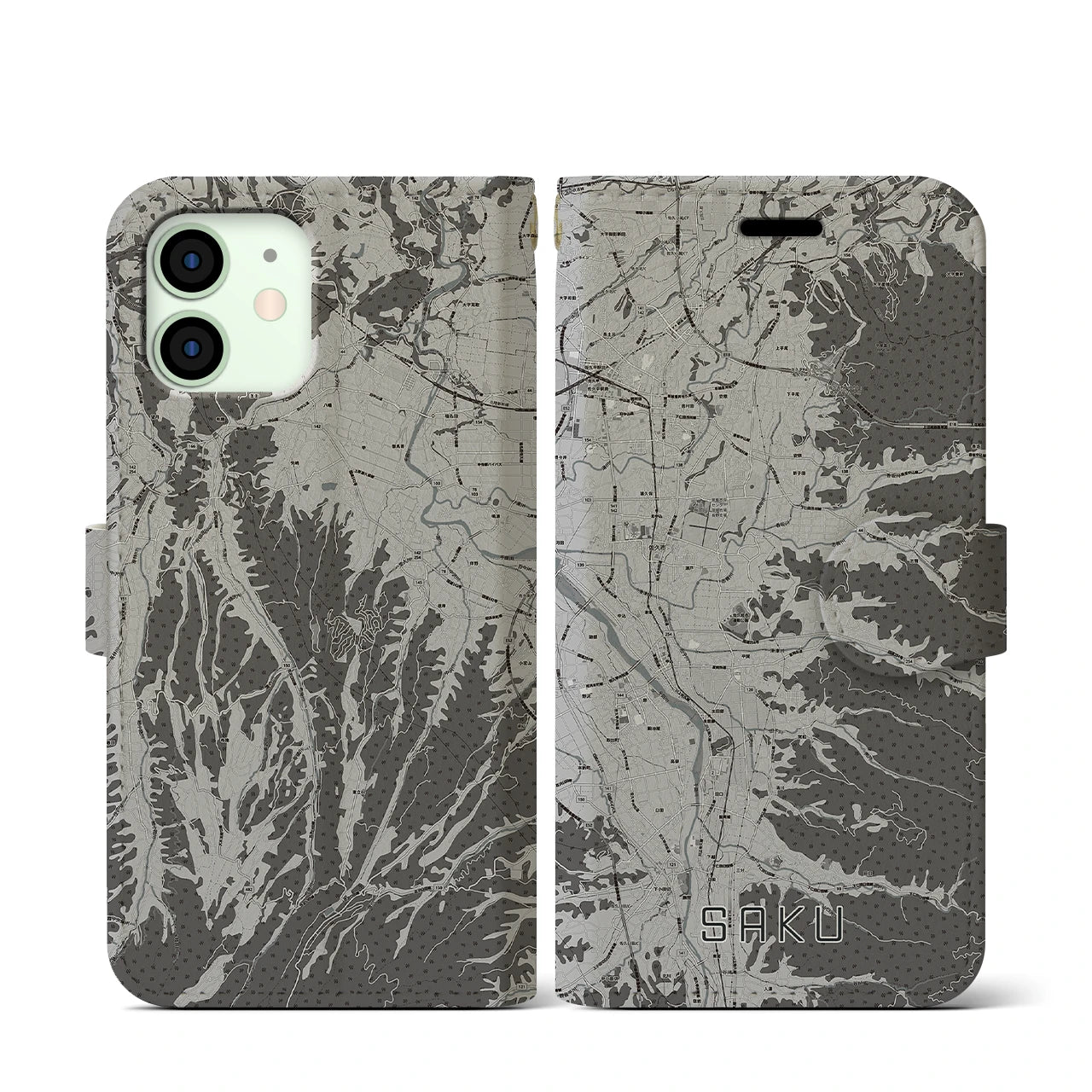 【佐久(長野県)】地図柄iPhoneケース(手帳タイプ)モノトーン・iPhone 12 mini 用