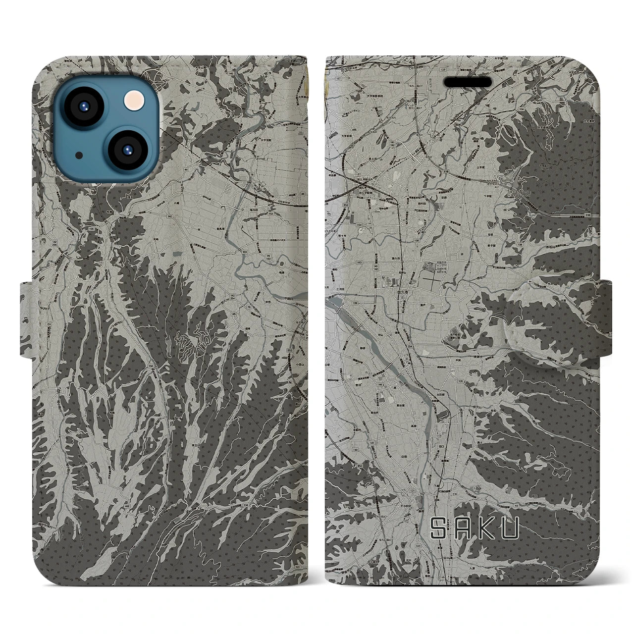 【佐久(長野県)】地図柄iPhoneケース(手帳タイプ)モノトーン・iPhone 13 用
