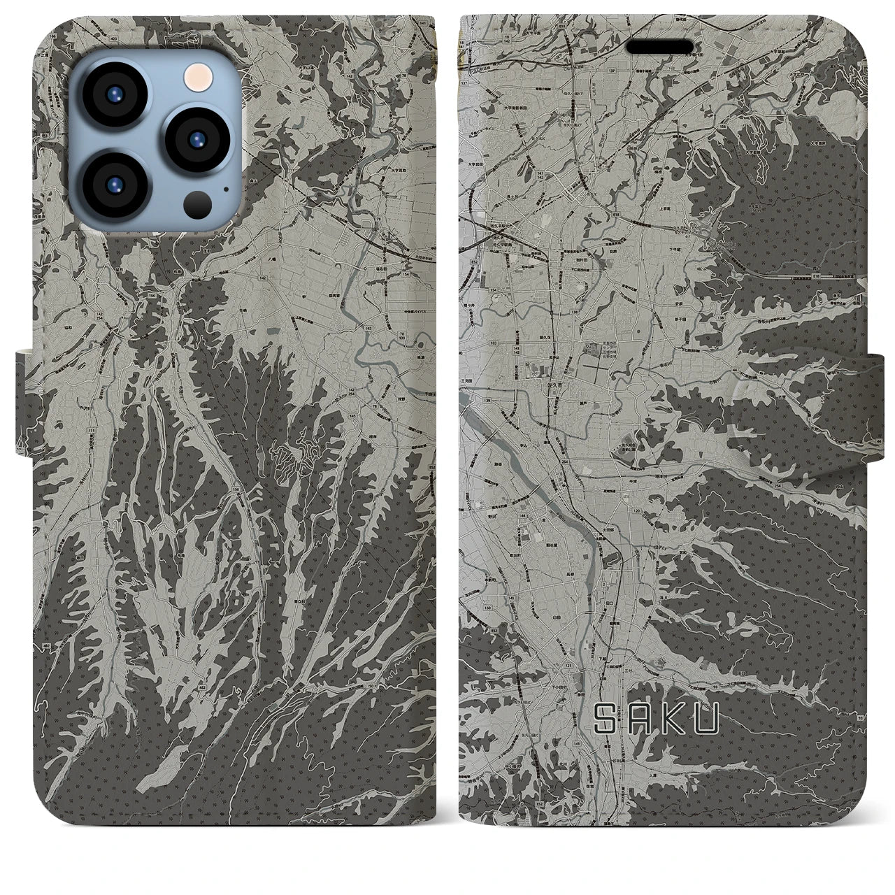 【佐久(長野県)】地図柄iPhoneケース(手帳タイプ)モノトーン・iPhone 13 Pro Max 用