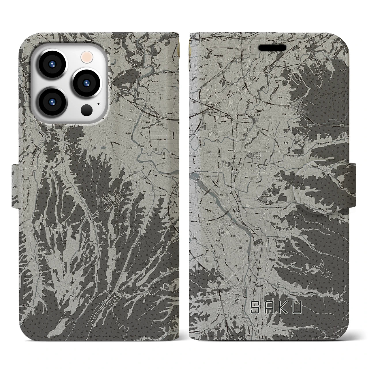 【佐久(長野県)】地図柄iPhoneケース(手帳タイプ)モノトーン・iPhone 13 Pro 用