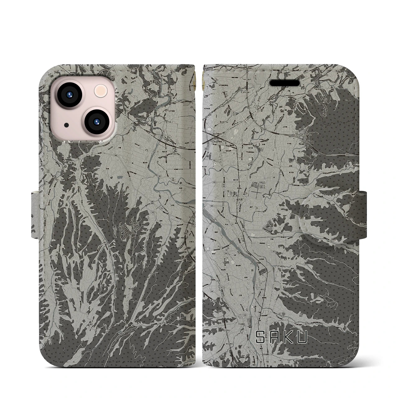 【佐久(長野県)】地図柄iPhoneケース(手帳タイプ)モノトーン・iPhone 13 mini 用