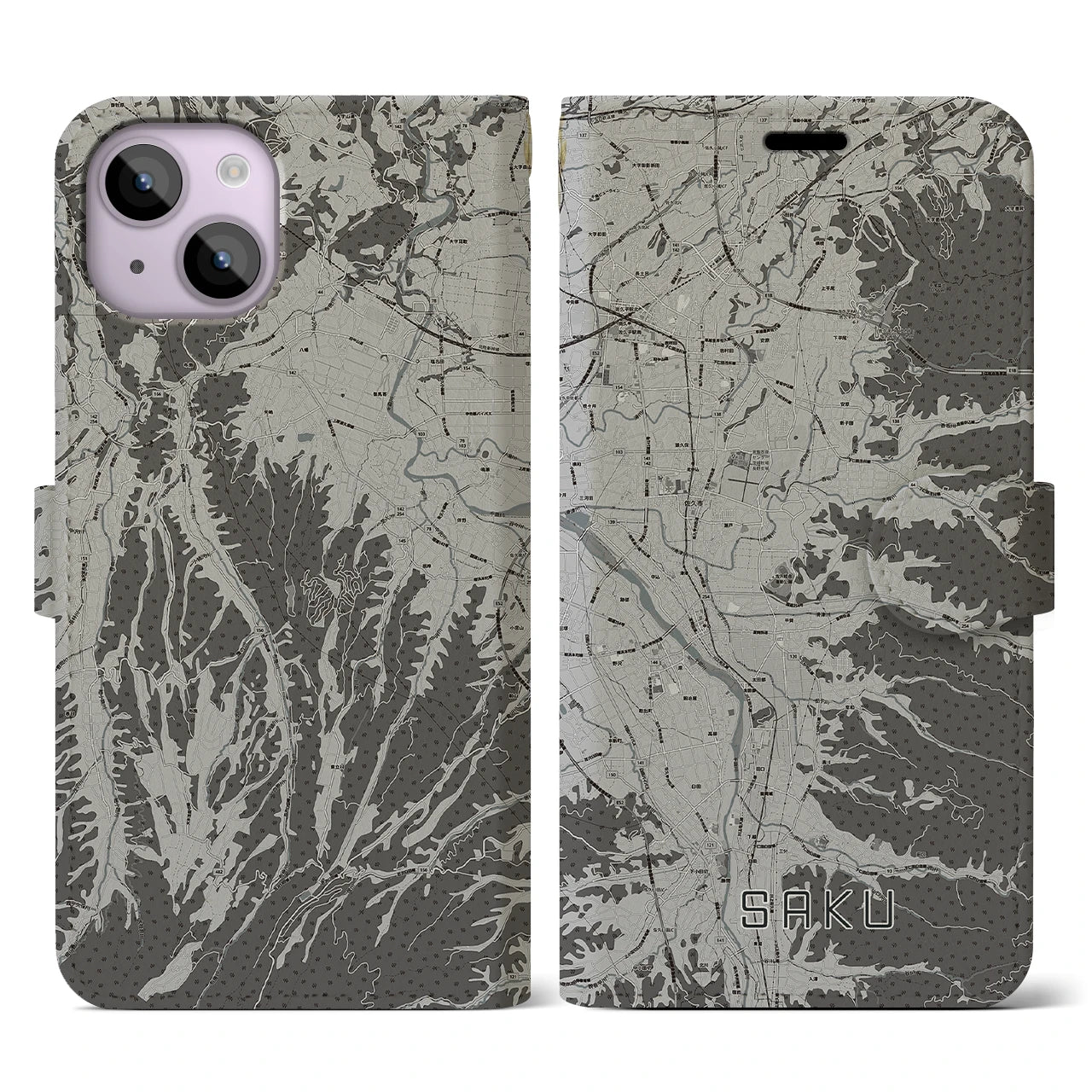 【佐久(長野県)】地図柄iPhoneケース(手帳タイプ)モノトーン・iPhone 14 用