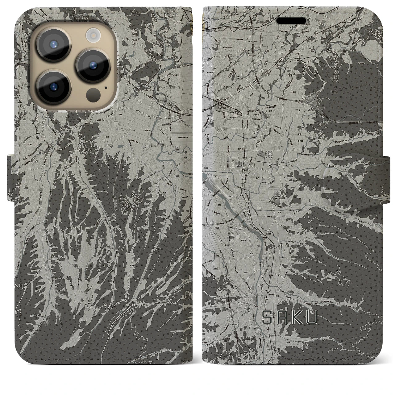 【佐久(長野県)】地図柄iPhoneケース(手帳タイプ)モノトーン・iPhone 14 Pro Max 用