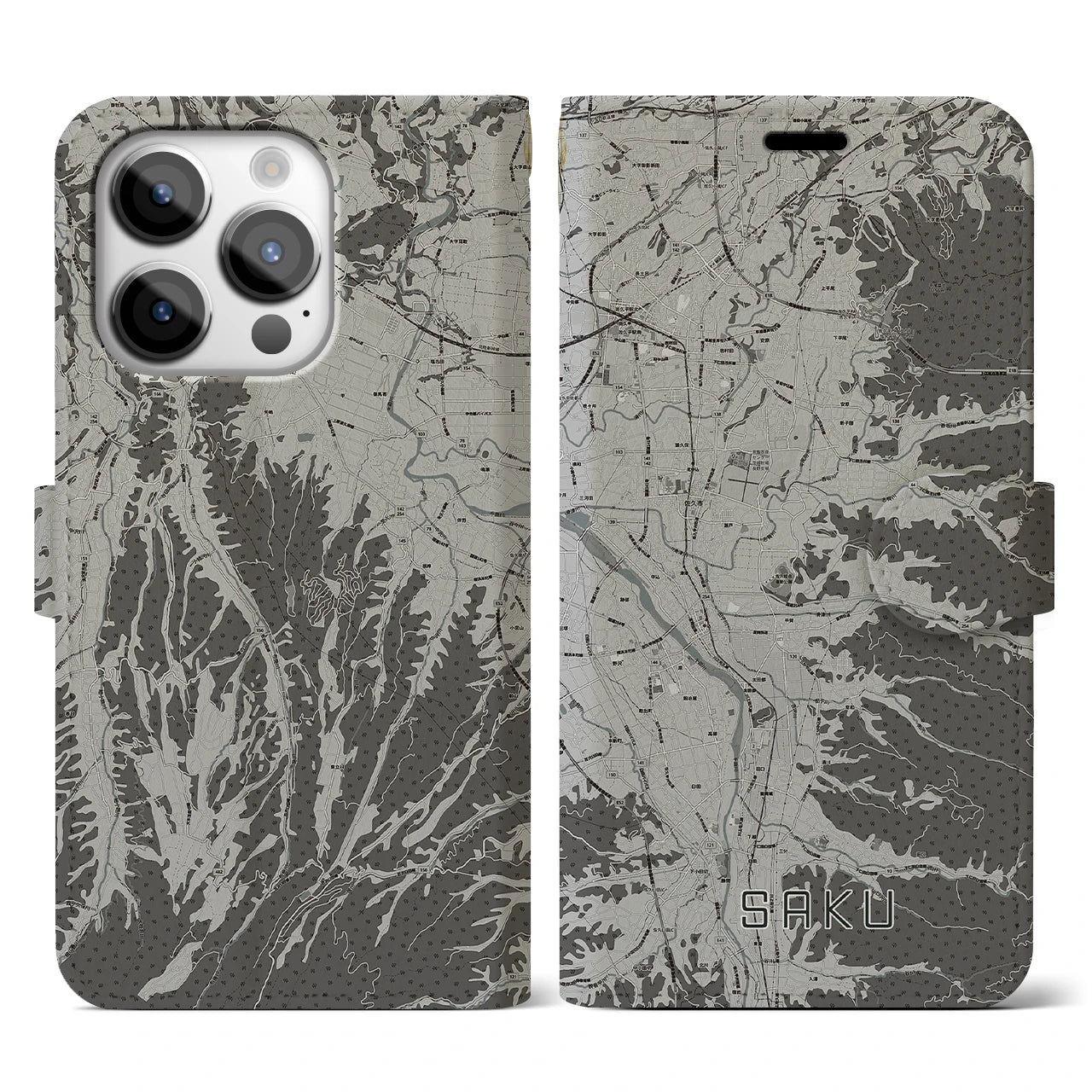 【佐久(長野県)】地図柄iPhoneケース(手帳タイプ)モノトーン・iPhone 14 Pro 用