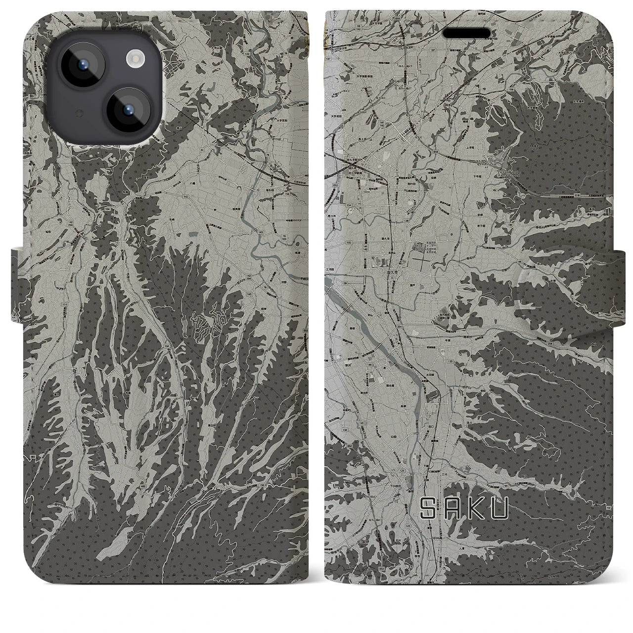 【佐久(長野県)】地図柄iPhoneケース(手帳タイプ)モノトーン・iPhone 14 Plus 用