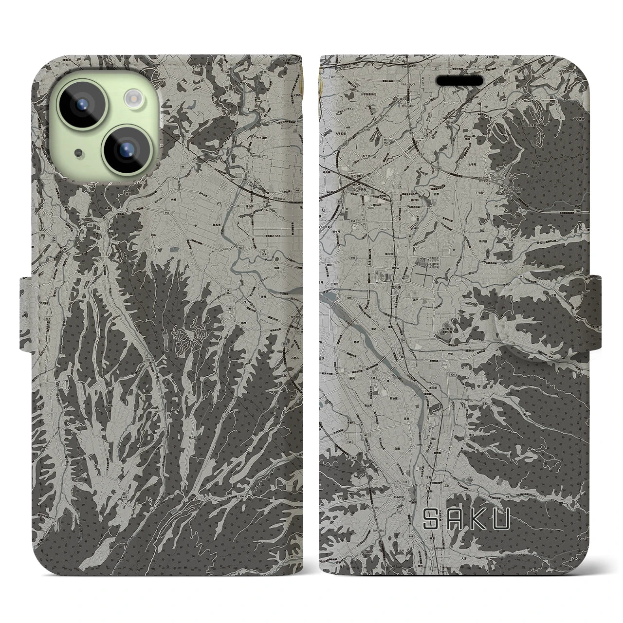 【佐久(長野県)】地図柄iPhoneケース(手帳タイプ)モノトーン・iPhone 15 用