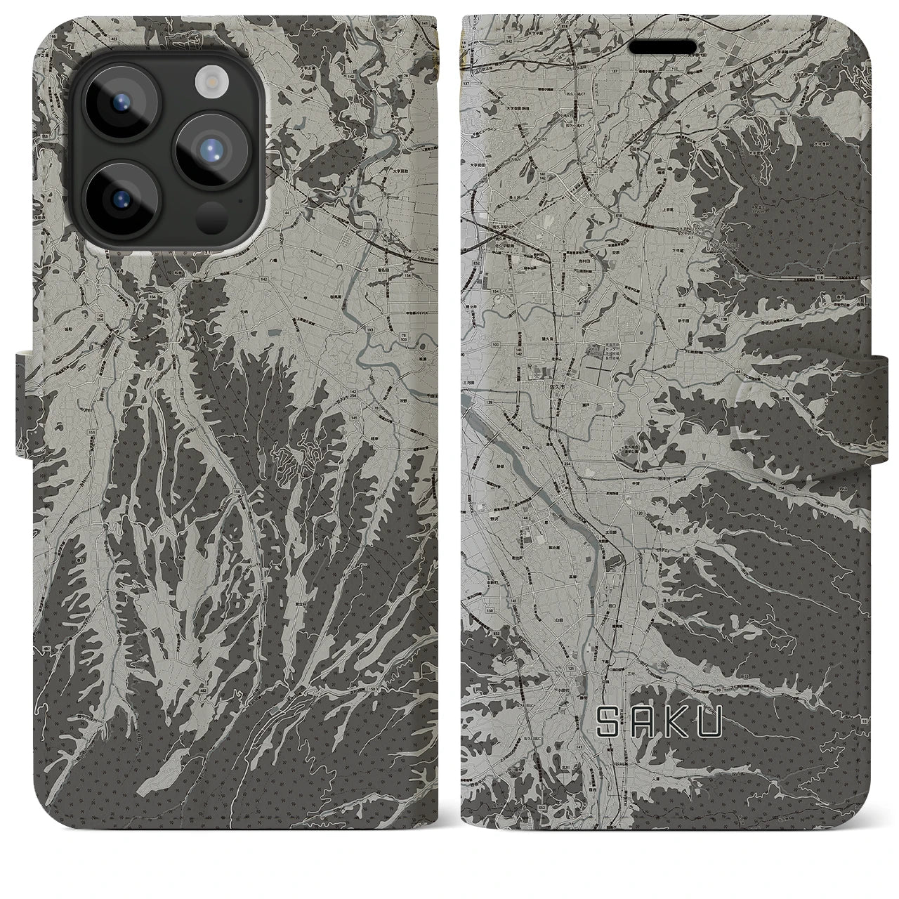 【佐久(長野県)】地図柄iPhoneケース(手帳タイプ)モノトーン・iPhone 15 Pro Max 用