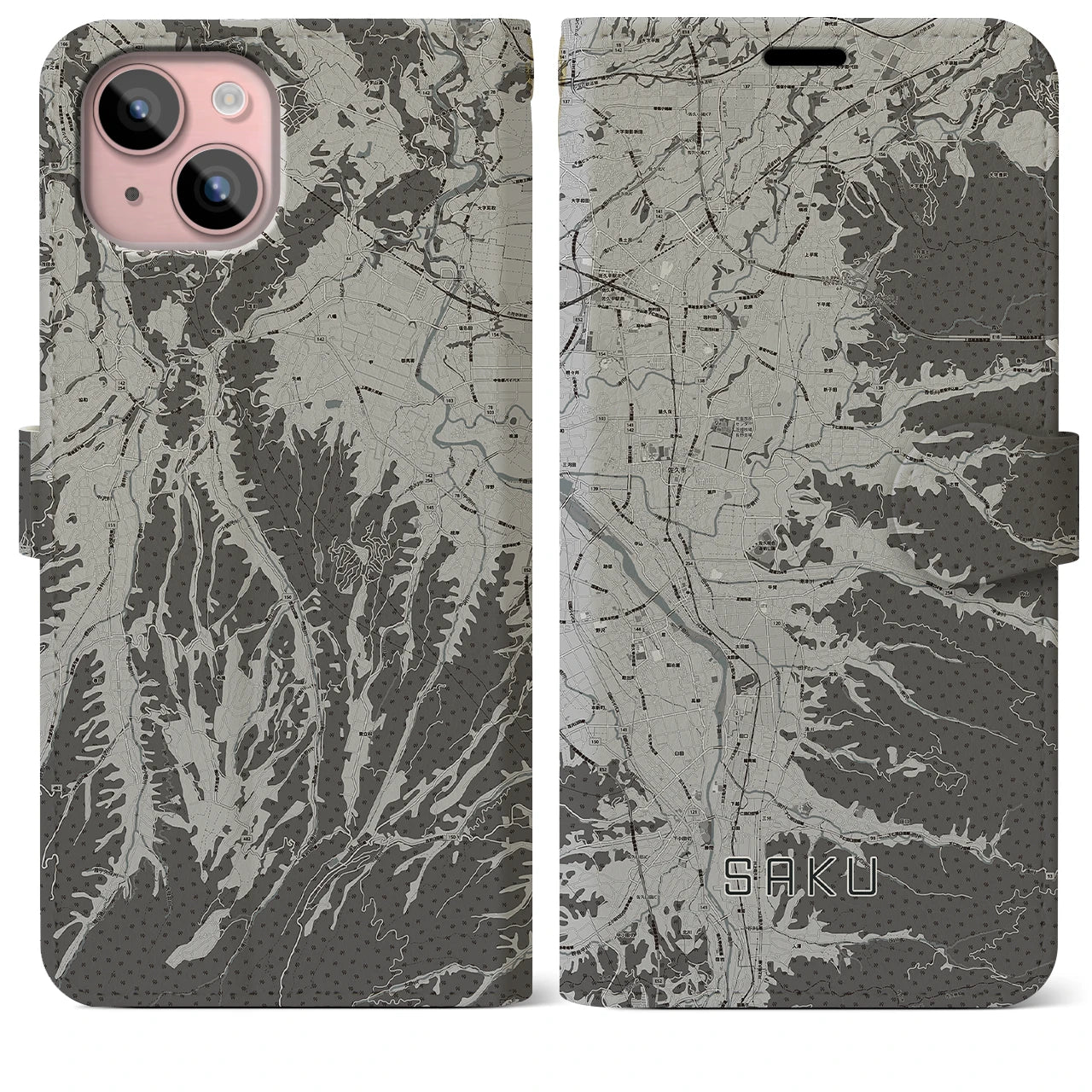 【佐久(長野県)】地図柄iPhoneケース(手帳タイプ)モノトーン・iPhone 15 Plus 用