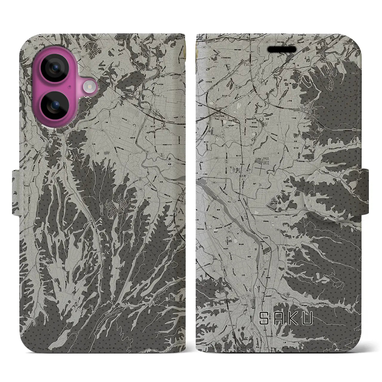【佐久(長野県)】地図柄iPhoneケース(手帳タイプ)モノトーン・iPhone 16 Pro 用