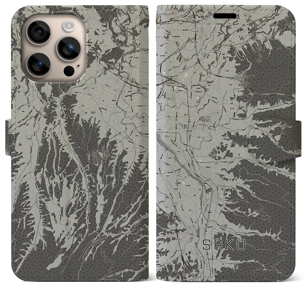 【佐久(長野県)】地図柄iPhoneケース(手帳タイプ)モノトーン・iPhone 16 Plus 用