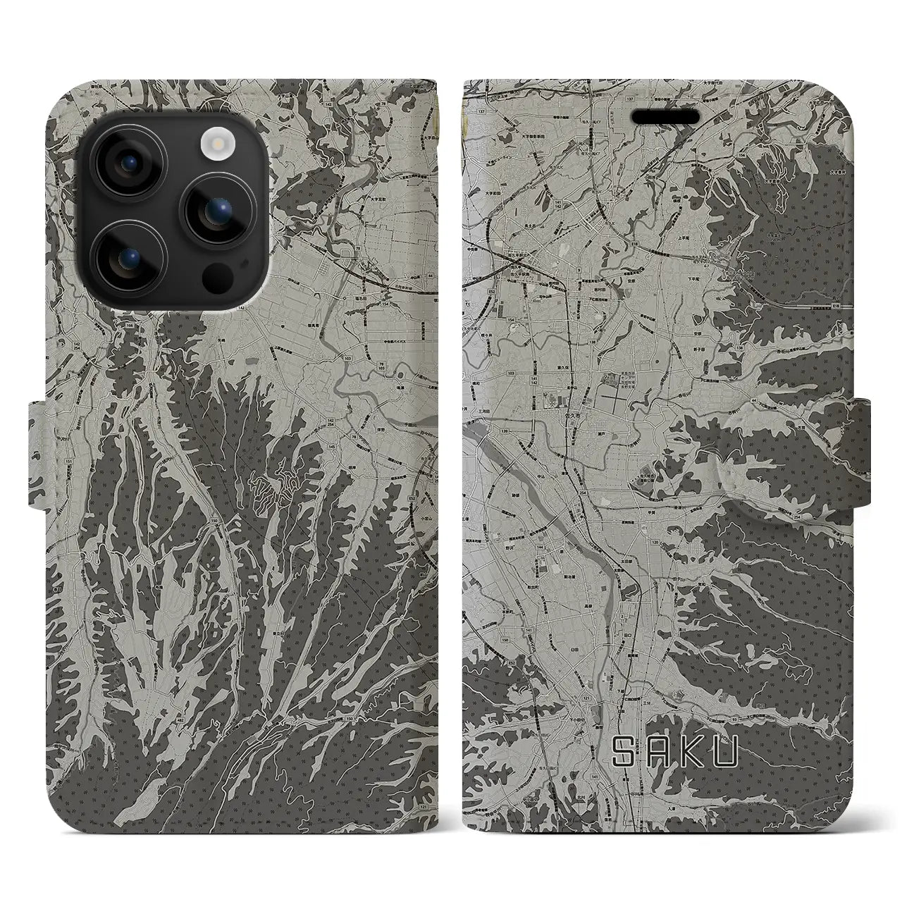 【佐久(長野県)】地図柄iPhoneケース(手帳タイプ)モノトーン・iPhone 16 用