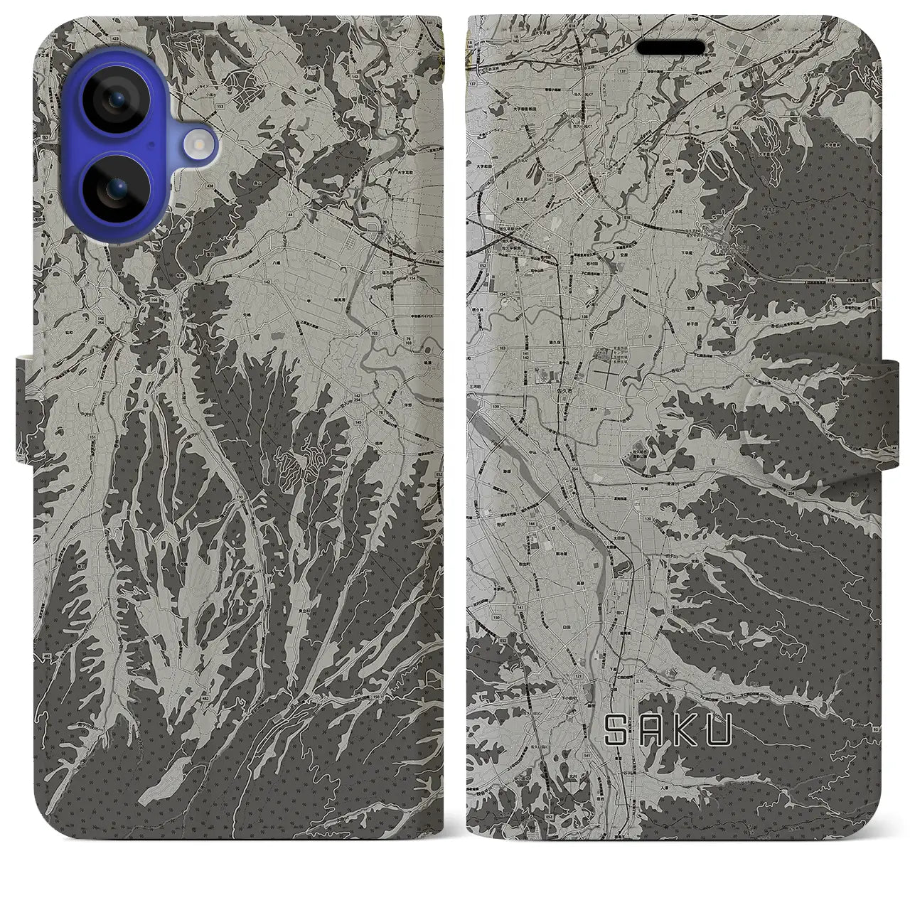 【佐久(長野県)】地図柄iPhoneケース(手帳タイプ)モノトーン・iPhone 16 Pro Max 用