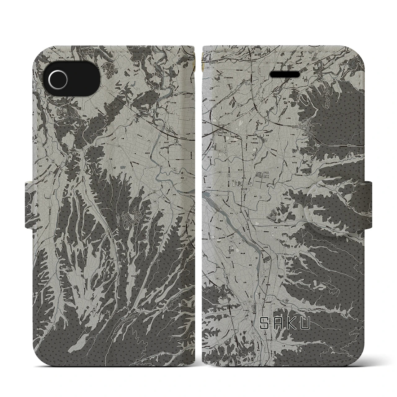 【佐久(長野県)】地図柄iPhoneケース(手帳タイプ)モノトーン・iPhone SE(第3 / 第2世代) / 8 / 7 / 6s / 6 用