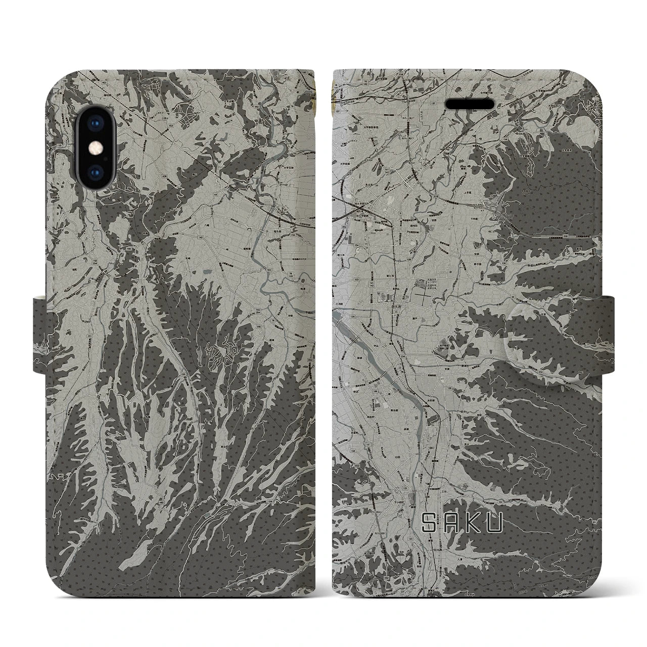 【佐久(長野県)】地図柄iPhoneケース(手帳タイプ)モノトーン・iPhone XS / X 用