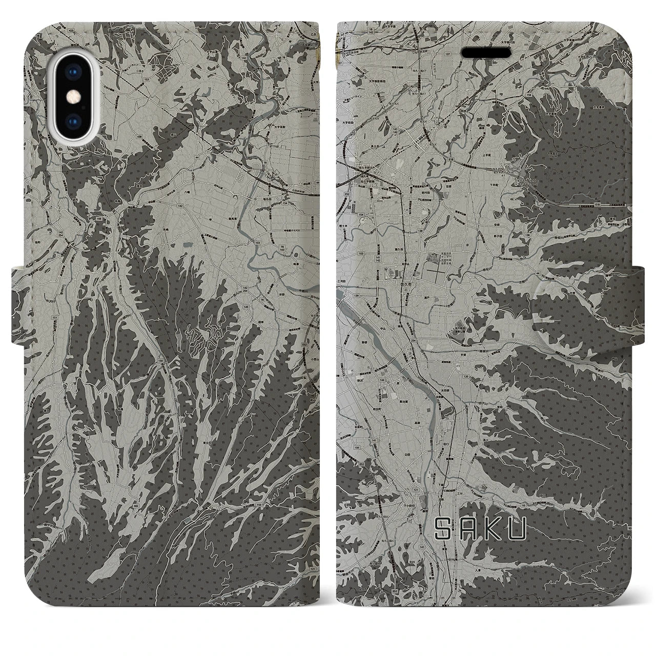 【佐久(長野県)】地図柄iPhoneケース(手帳タイプ)モノトーン・iPhone XS Max 用