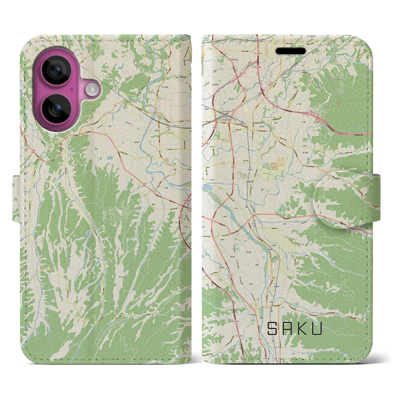 【佐久(長野県)】地図柄iPhoneケース(手帳タイプ)ナチュラル・iPhone 16 Pro 用