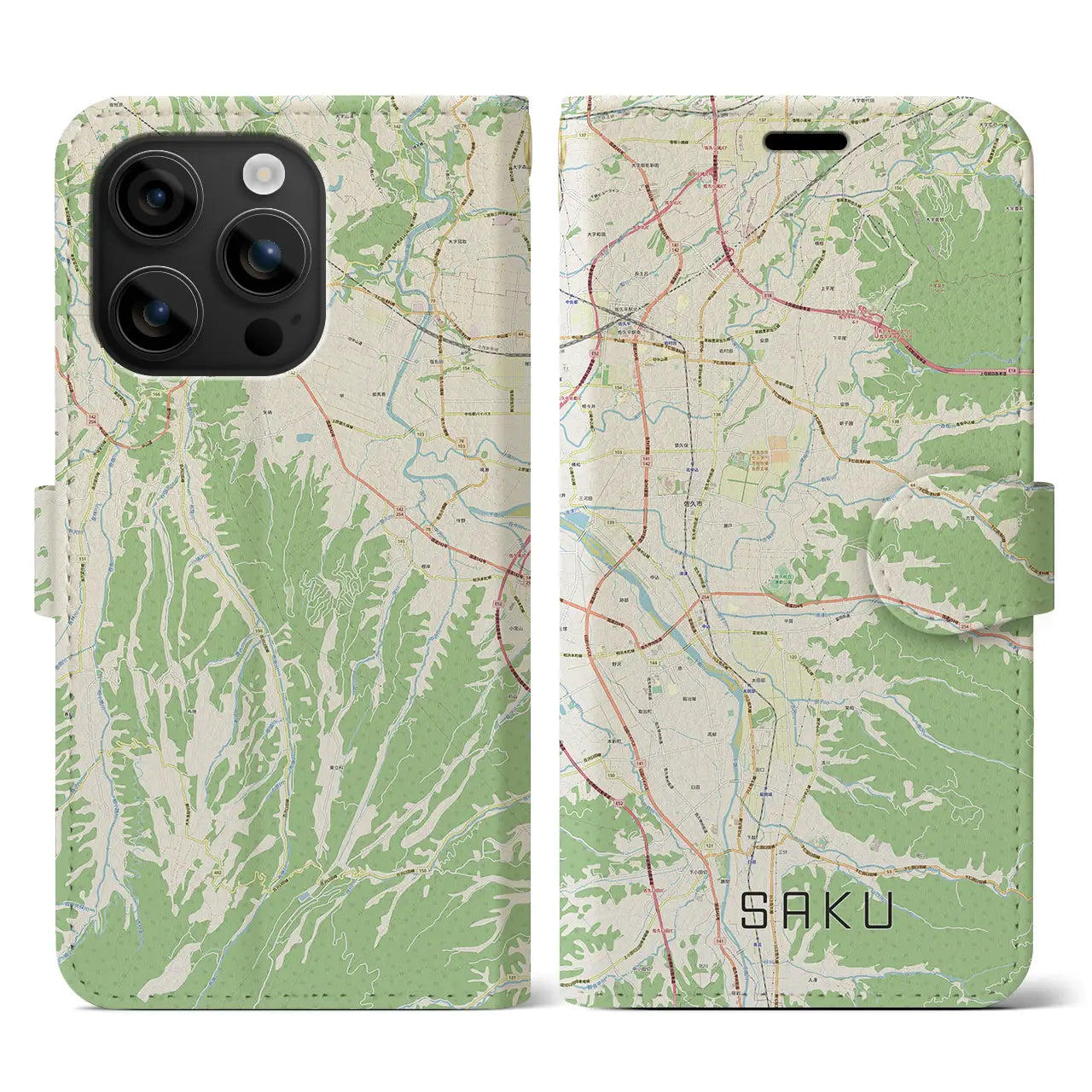 【佐久(長野県)】地図柄iPhoneケース(手帳タイプ)ナチュラル・iPhone 16 用
