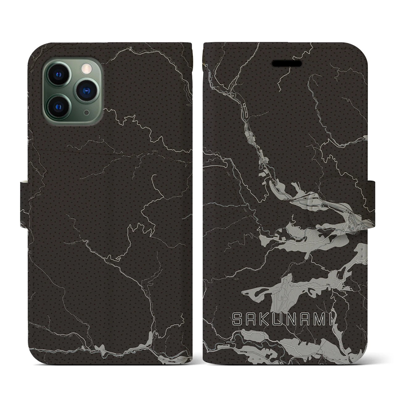 【作並(宮城県)】地図柄iPhoneケース(手帳タイプ)モノトーン・iPhone 11 Pro 用