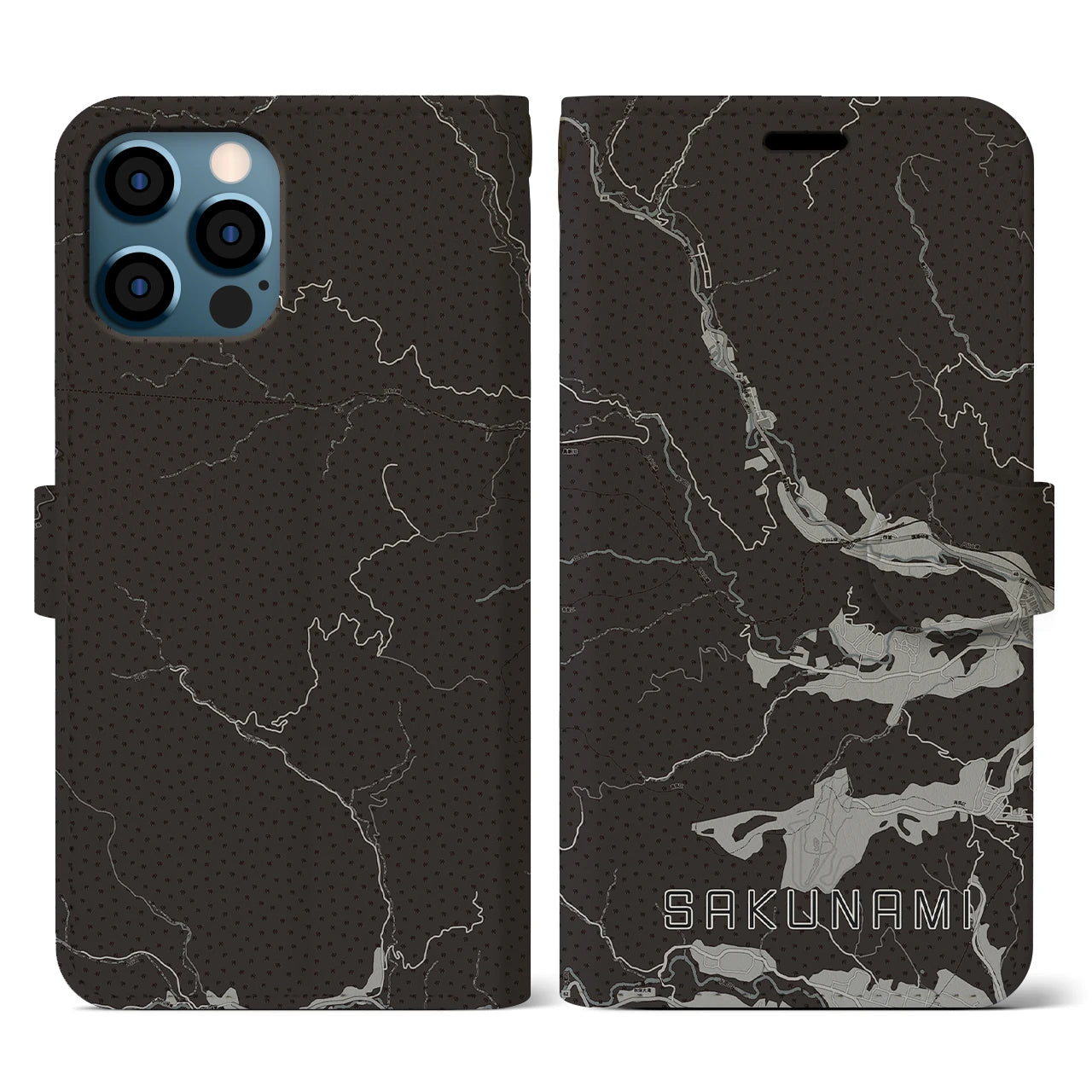 【作並(宮城県)】地図柄iPhoneケース(手帳タイプ)モノトーン・iPhone 12 / 12 Pro 用