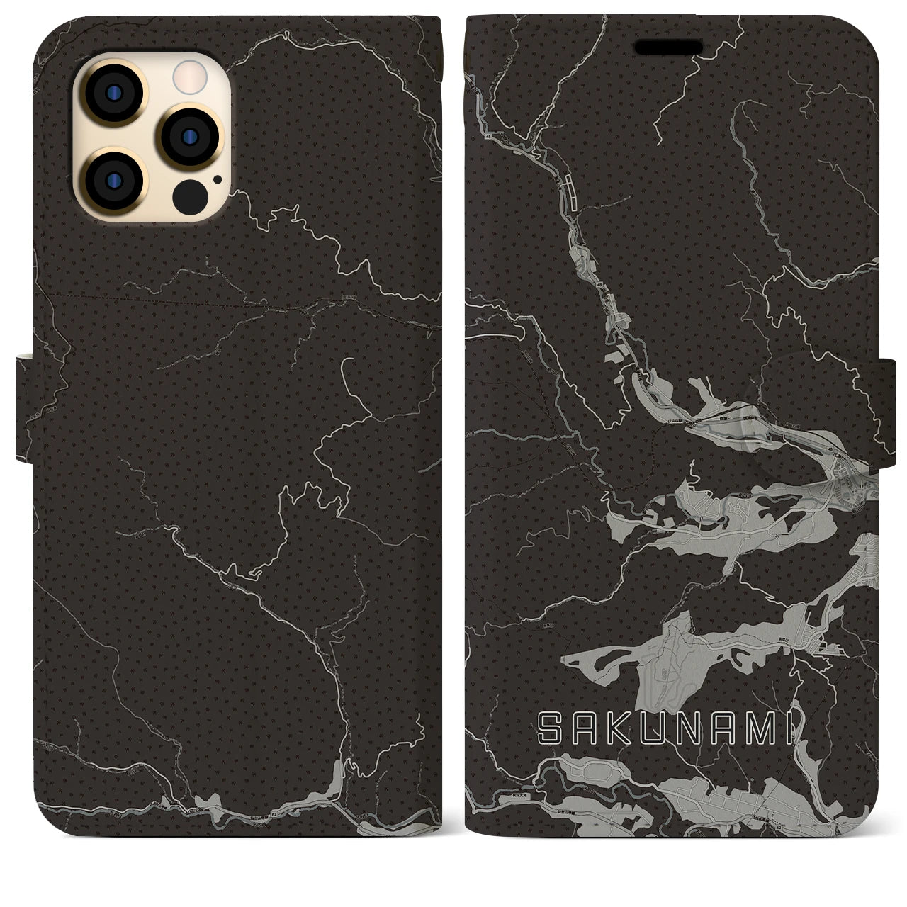 【作並(宮城県)】地図柄iPhoneケース(手帳タイプ)モノトーン・iPhone 12 Pro Max 用