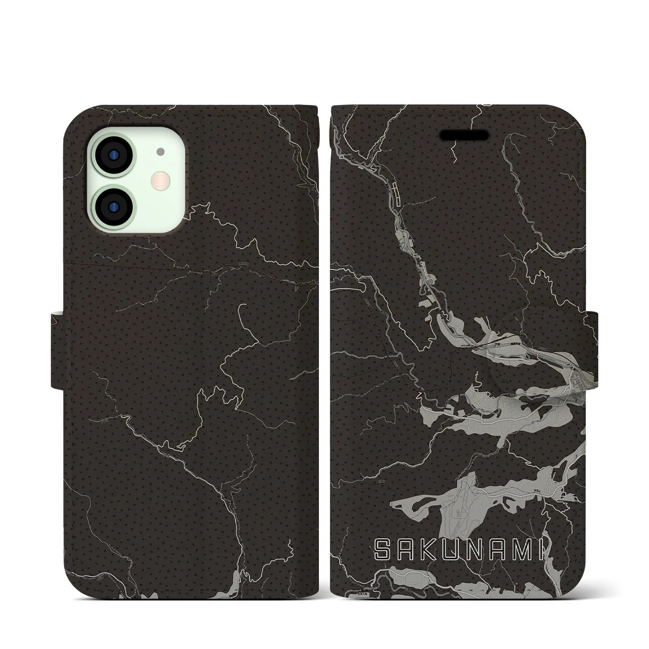 【作並(宮城県)】地図柄iPhoneケース(手帳タイプ)モノトーン・iPhone 12 mini 用