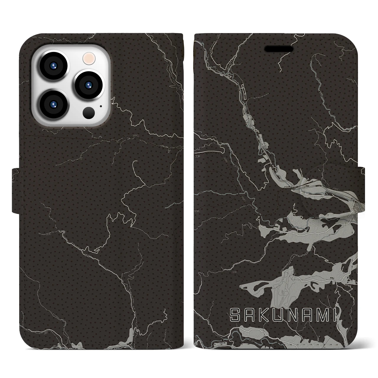 【作並(宮城県)】地図柄iPhoneケース(手帳タイプ)モノトーン・iPhone 13 Pro 用