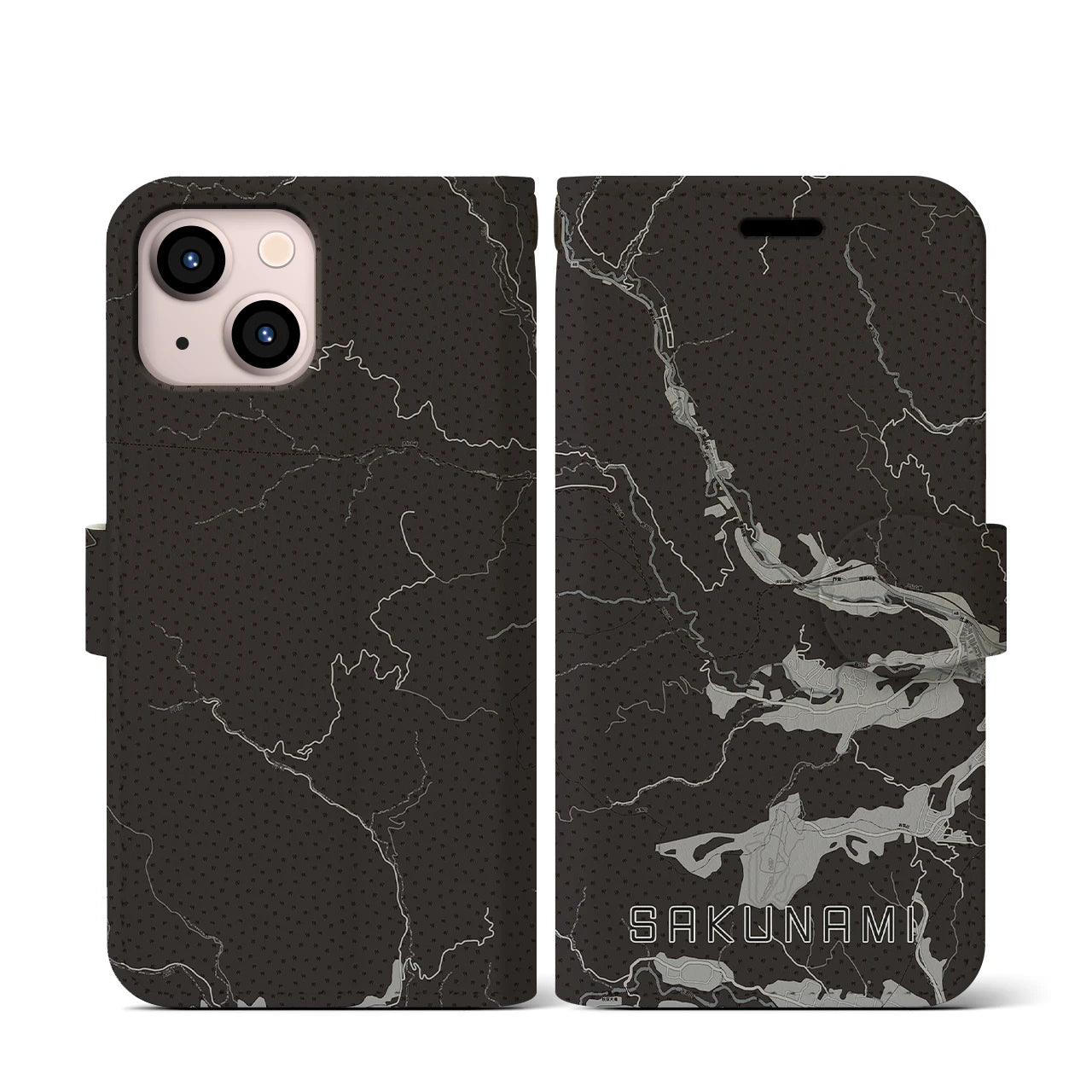 【作並(宮城県)】地図柄iPhoneケース(手帳タイプ)モノトーン・iPhone 13 mini 用