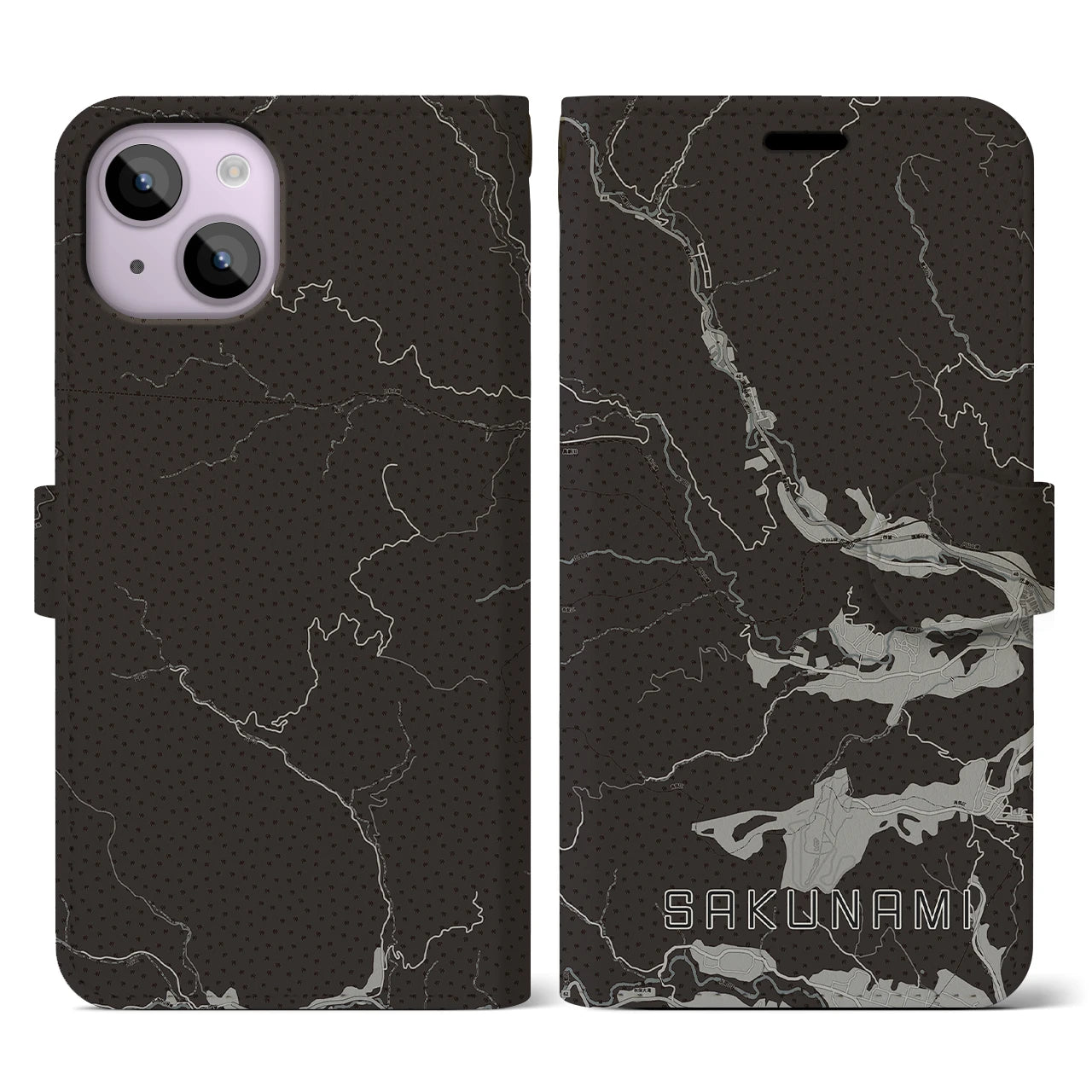 【作並(宮城県)】地図柄iPhoneケース(手帳タイプ)モノトーン・iPhone 14 用