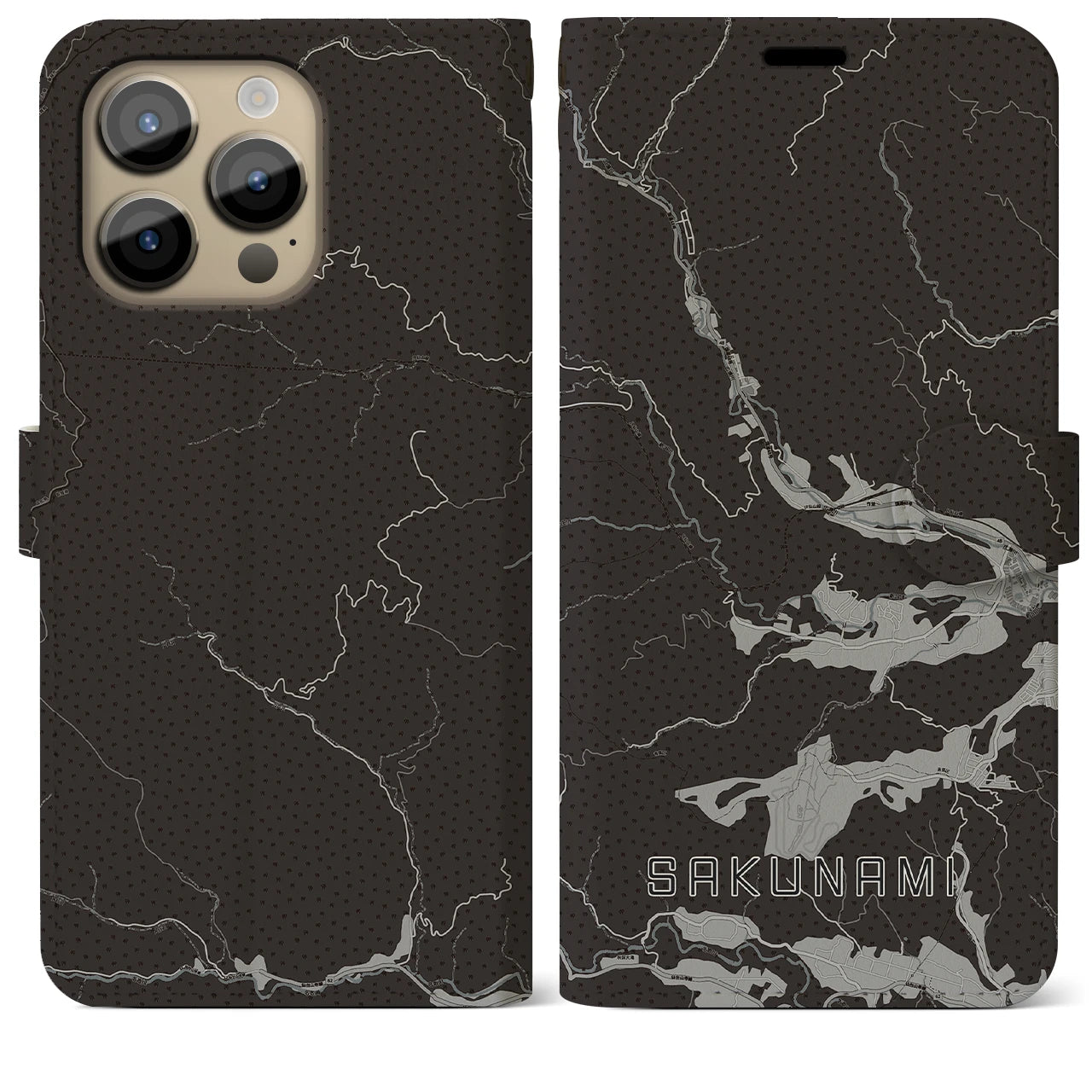 【作並(宮城県)】地図柄iPhoneケース(手帳タイプ)モノトーン・iPhone 14 Pro Max 用