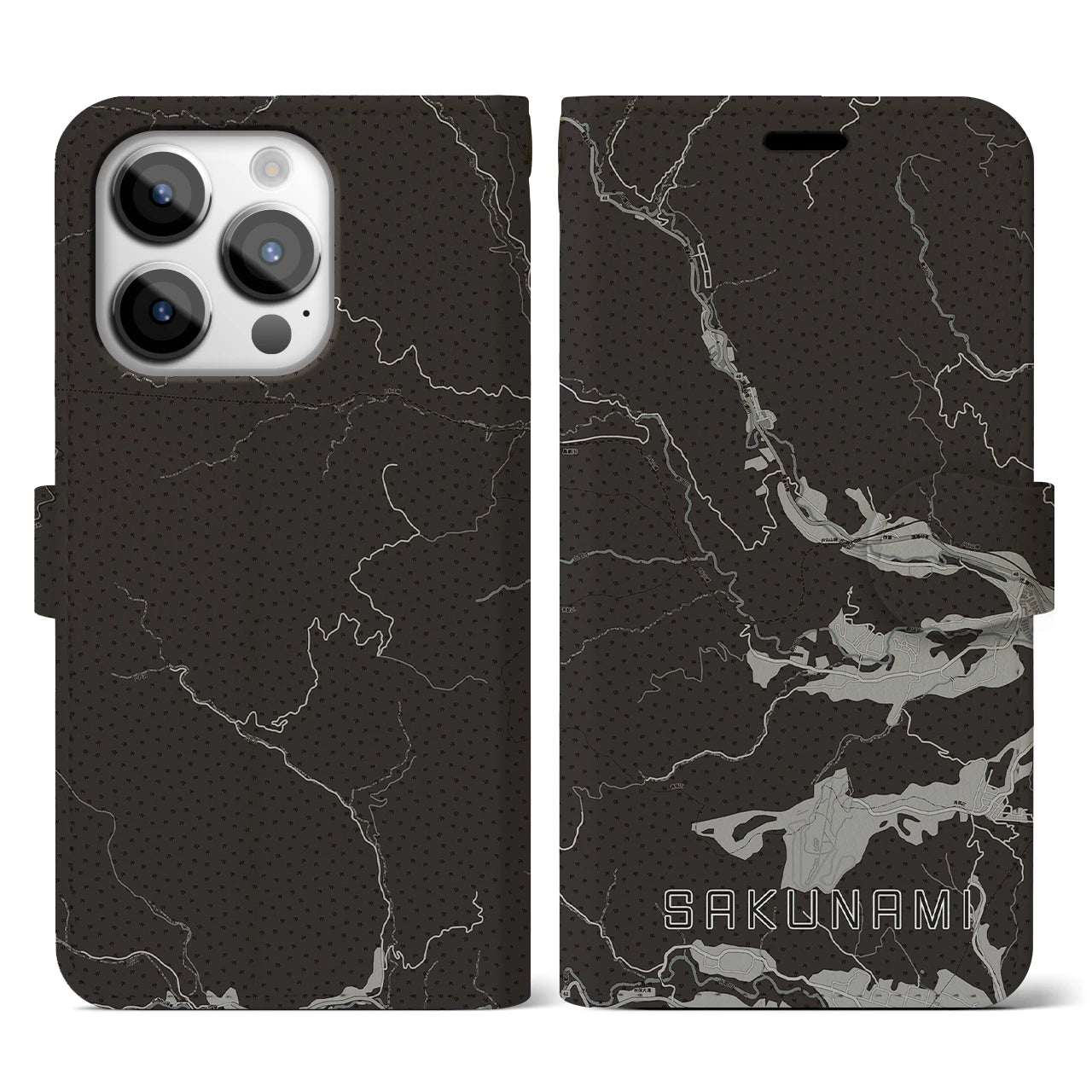 【作並(宮城県)】地図柄iPhoneケース(手帳タイプ)モノトーン・iPhone 14 Pro 用