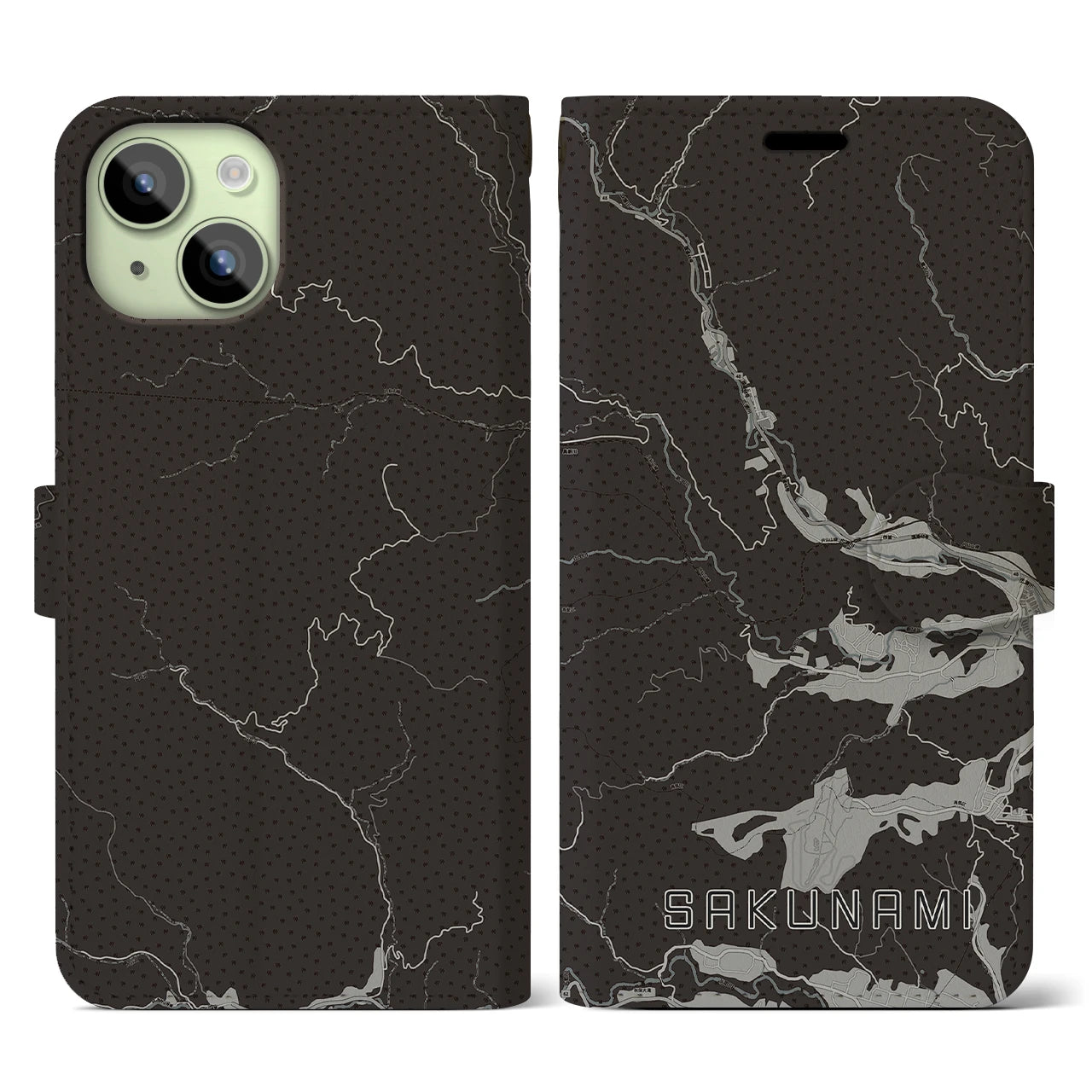 【作並(宮城県)】地図柄iPhoneケース(手帳タイプ)モノトーン・iPhone 15 用