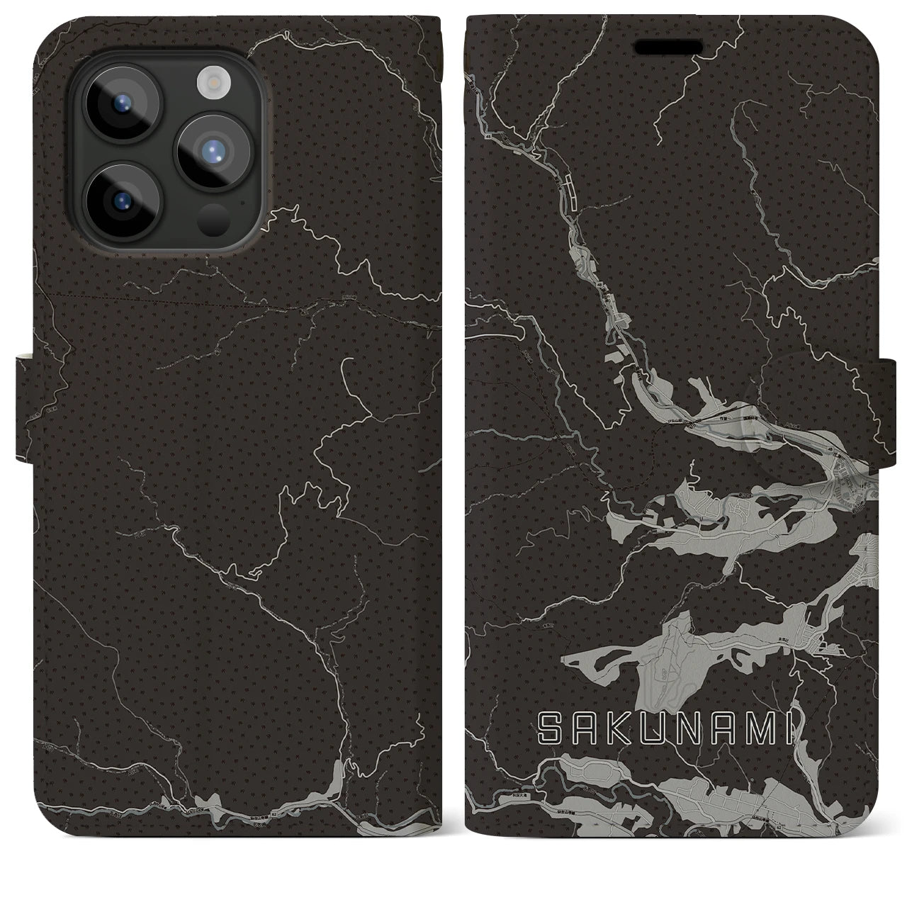 【作並(宮城県)】地図柄iPhoneケース(手帳タイプ)モノトーン・iPhone 15 Pro Max 用