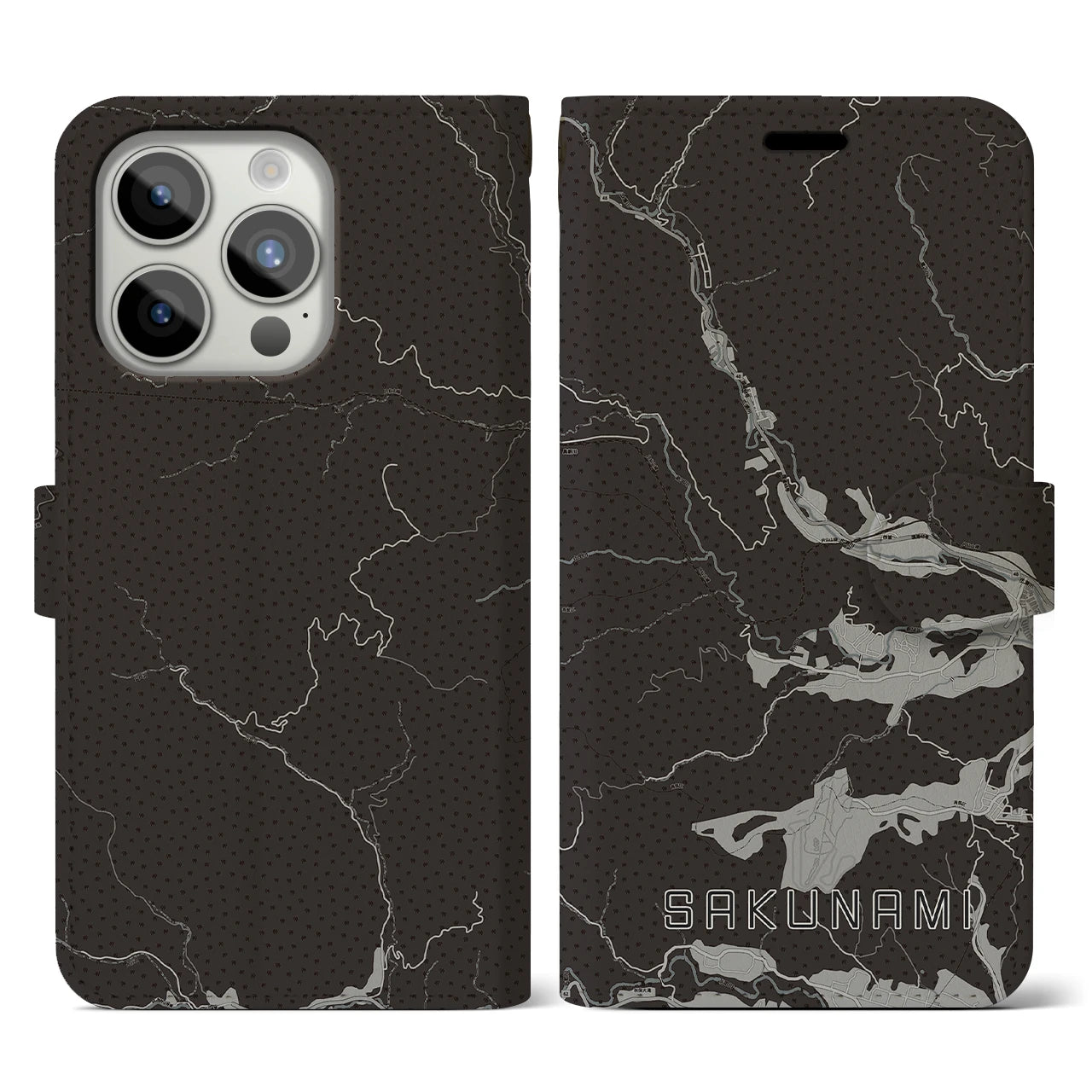 【作並(宮城県)】地図柄iPhoneケース(手帳タイプ)モノトーン・iPhone 15 Pro 用