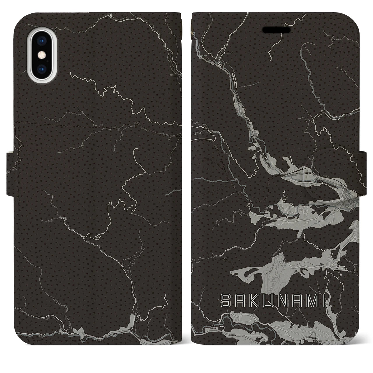 【作並(宮城県)】地図柄iPhoneケース(手帳タイプ)モノトーン・iPhone XS Max 用
