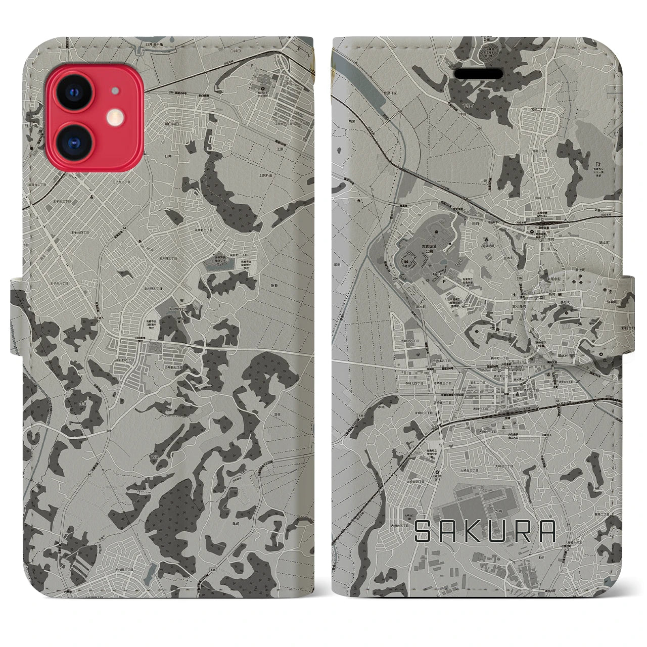【佐倉(千葉県)】地図柄iPhoneケース(手帳タイプ)モノトーン・iPhone 11 用