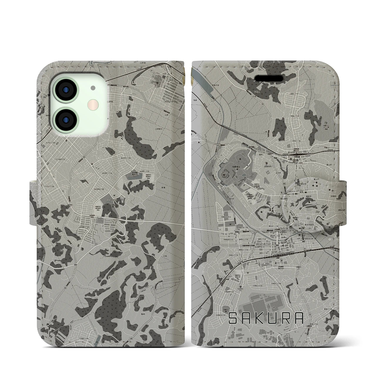 【佐倉(千葉県)】地図柄iPhoneケース(手帳タイプ)モノトーン・iPhone 12 mini 用