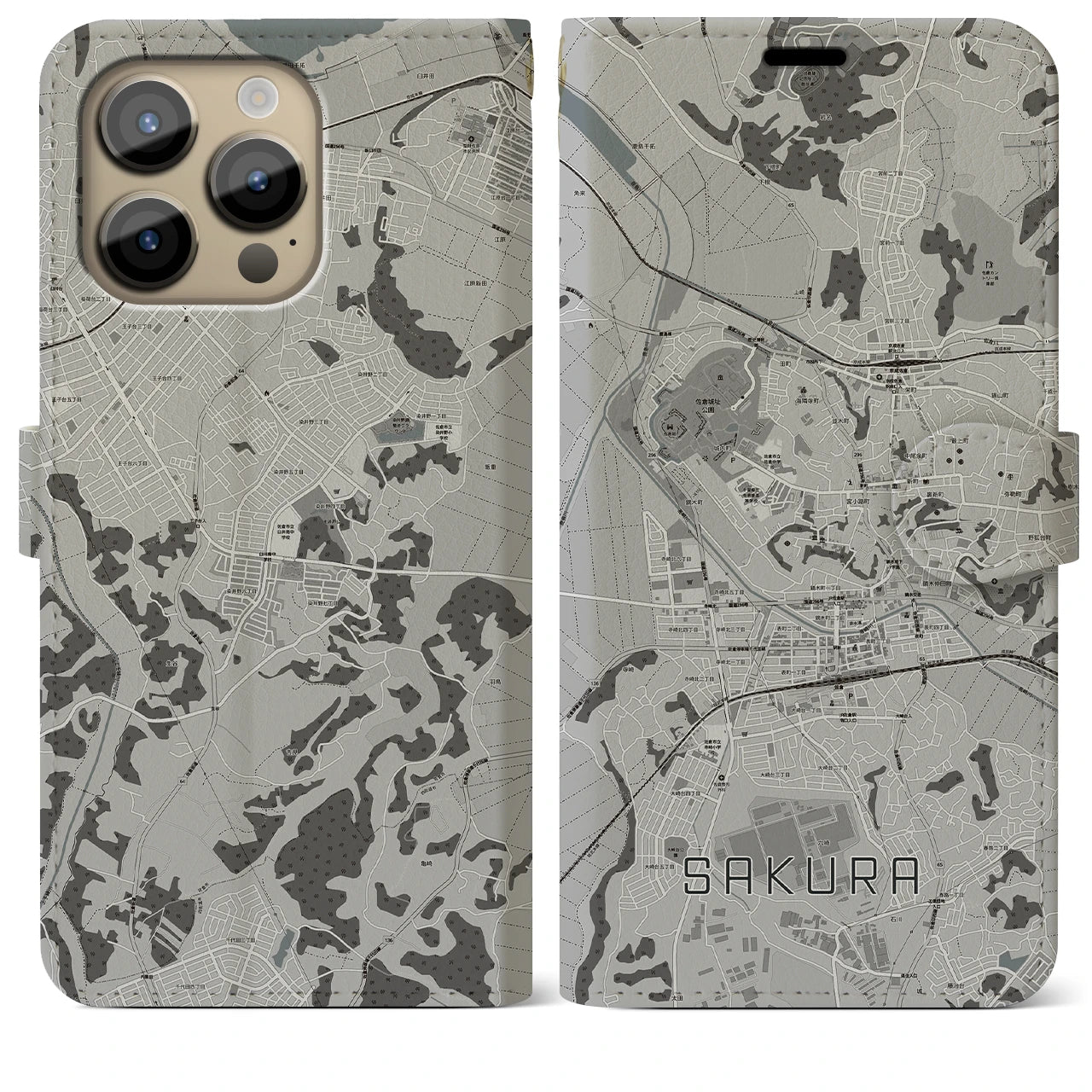 【佐倉(千葉県)】地図柄iPhoneケース(手帳タイプ)モノトーン・iPhone 14 Pro Max 用