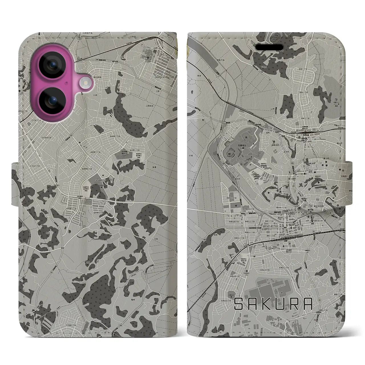 【佐倉(千葉県)】地図柄iPhoneケース(手帳タイプ)モノトーン・iPhone 16 Pro 用