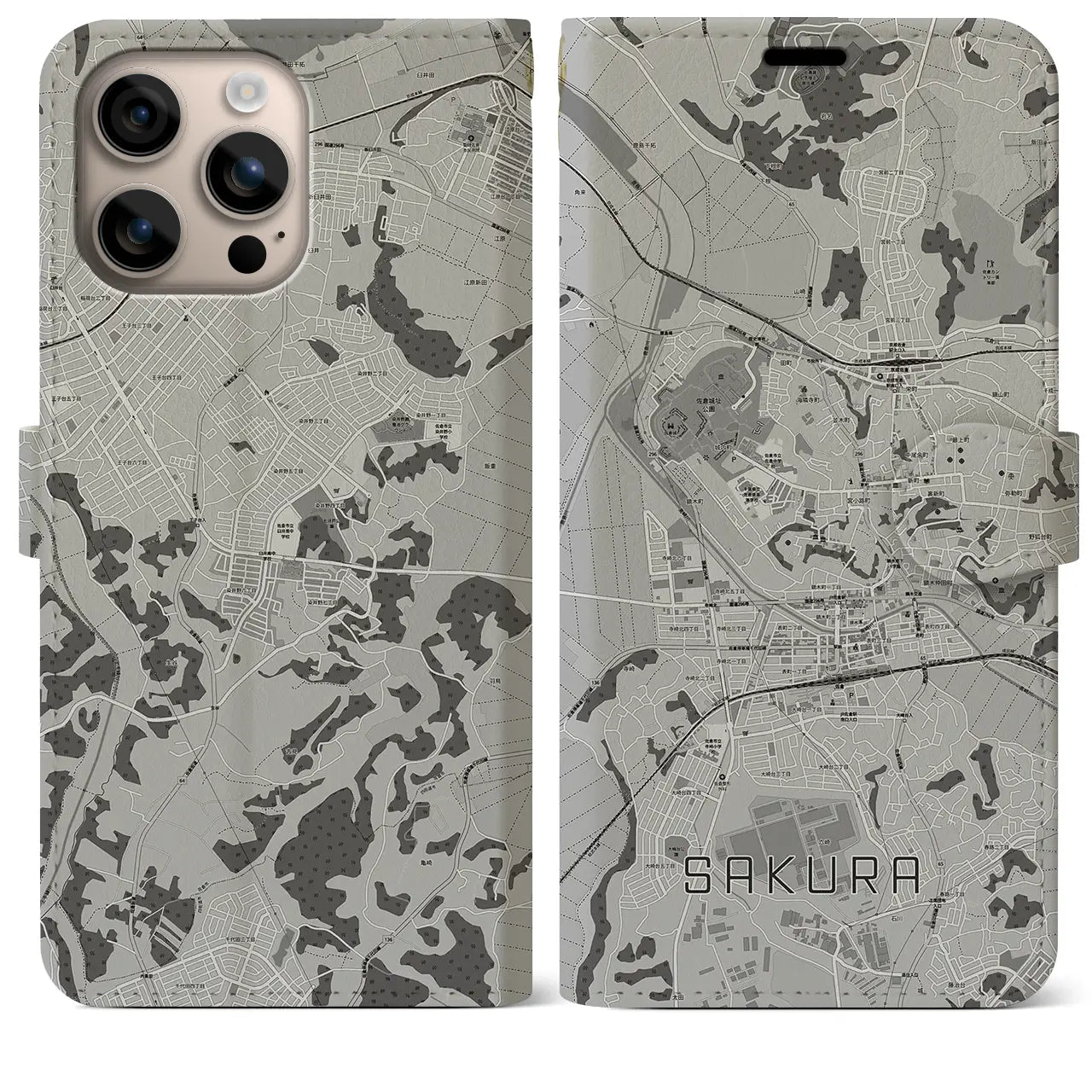 【佐倉(千葉県)】地図柄iPhoneケース(手帳タイプ)モノトーン・iPhone 16 Plus 用