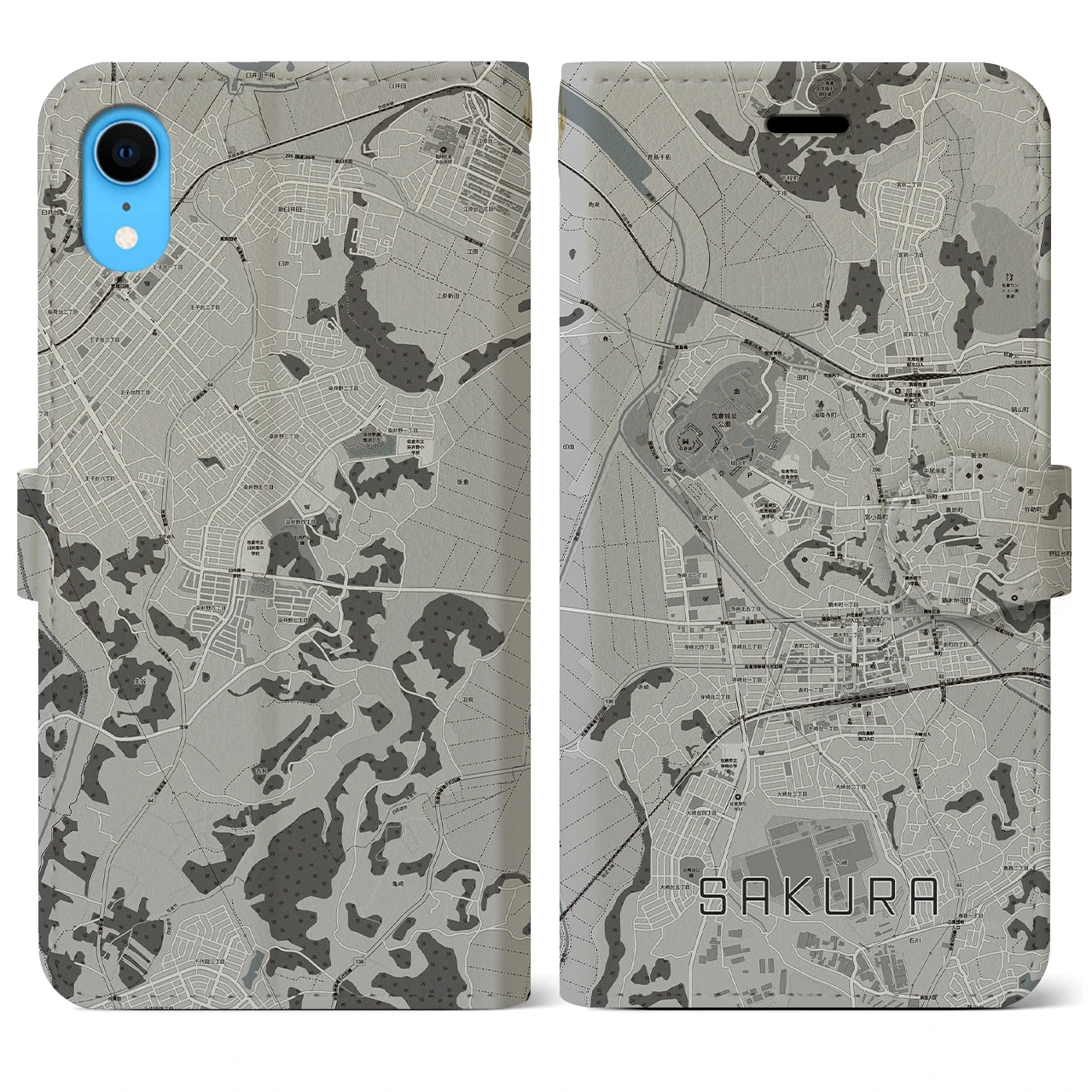 【佐倉(千葉県)】地図柄iPhoneケース(手帳タイプ)モノトーン・iPhone XR 用
