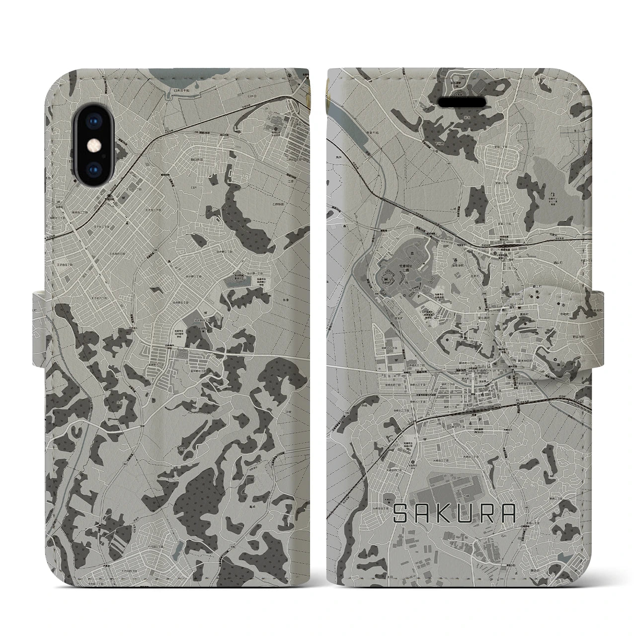 【佐倉(千葉県)】地図柄iPhoneケース(手帳タイプ)モノトーン・iPhone XS / X 用