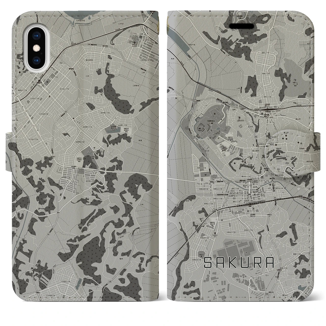【佐倉(千葉県)】地図柄iPhoneケース(手帳タイプ)モノトーン・iPhone XS Max 用
