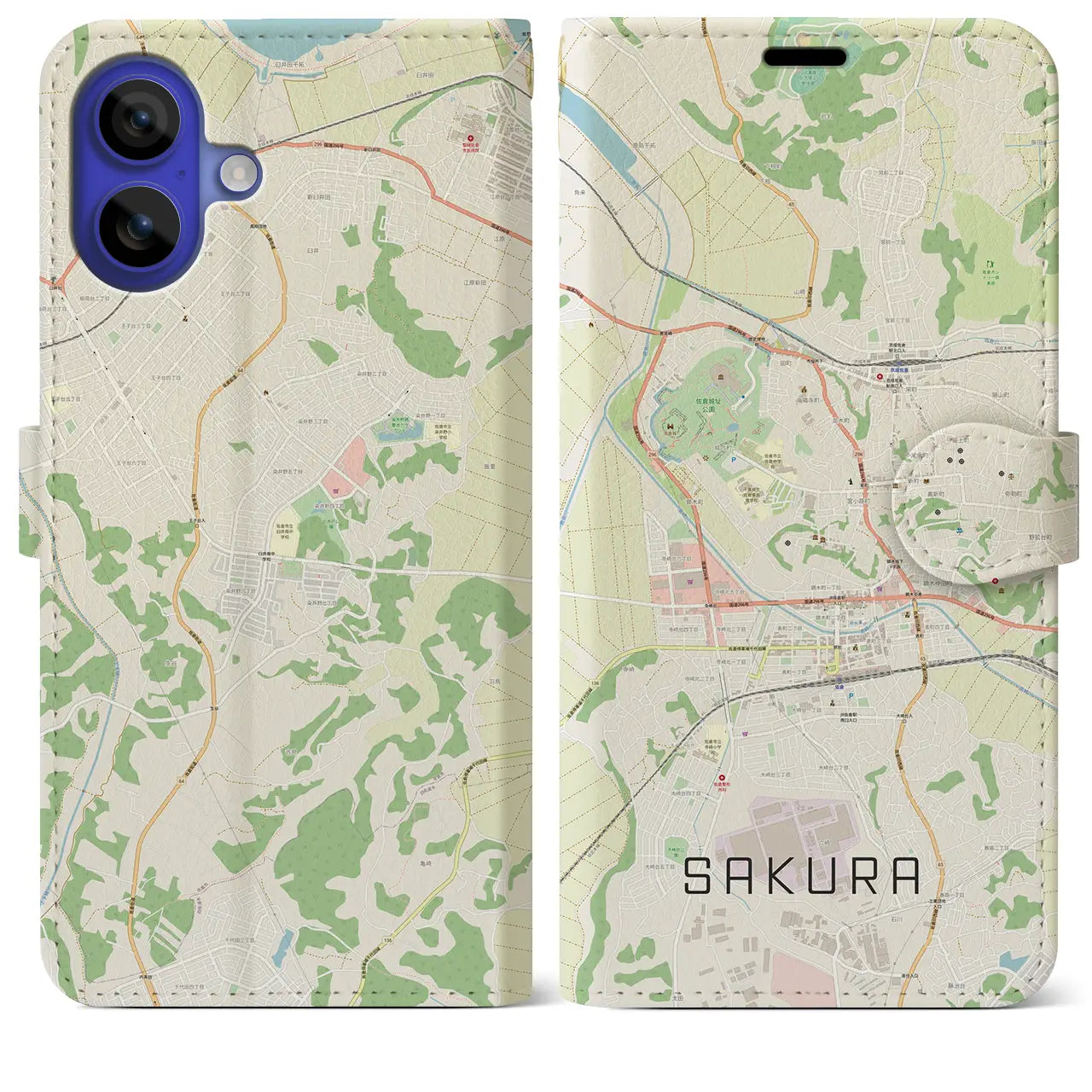 【佐倉(千葉県)】地図柄iPhoneケース(手帳タイプ)ナチュラル・iPhone 16 Pro Max 用