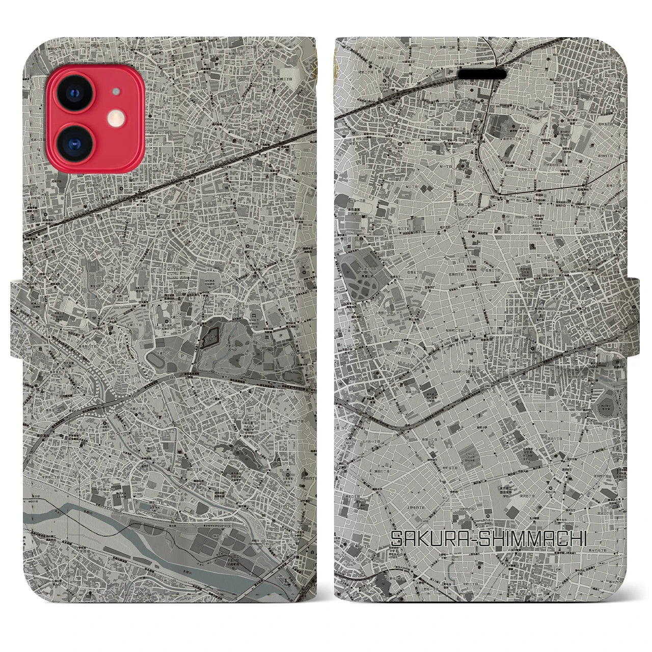 【桜新町(東京都)】地図柄iPhoneケース(手帳タイプ)モノトーン・iPhone 11 用